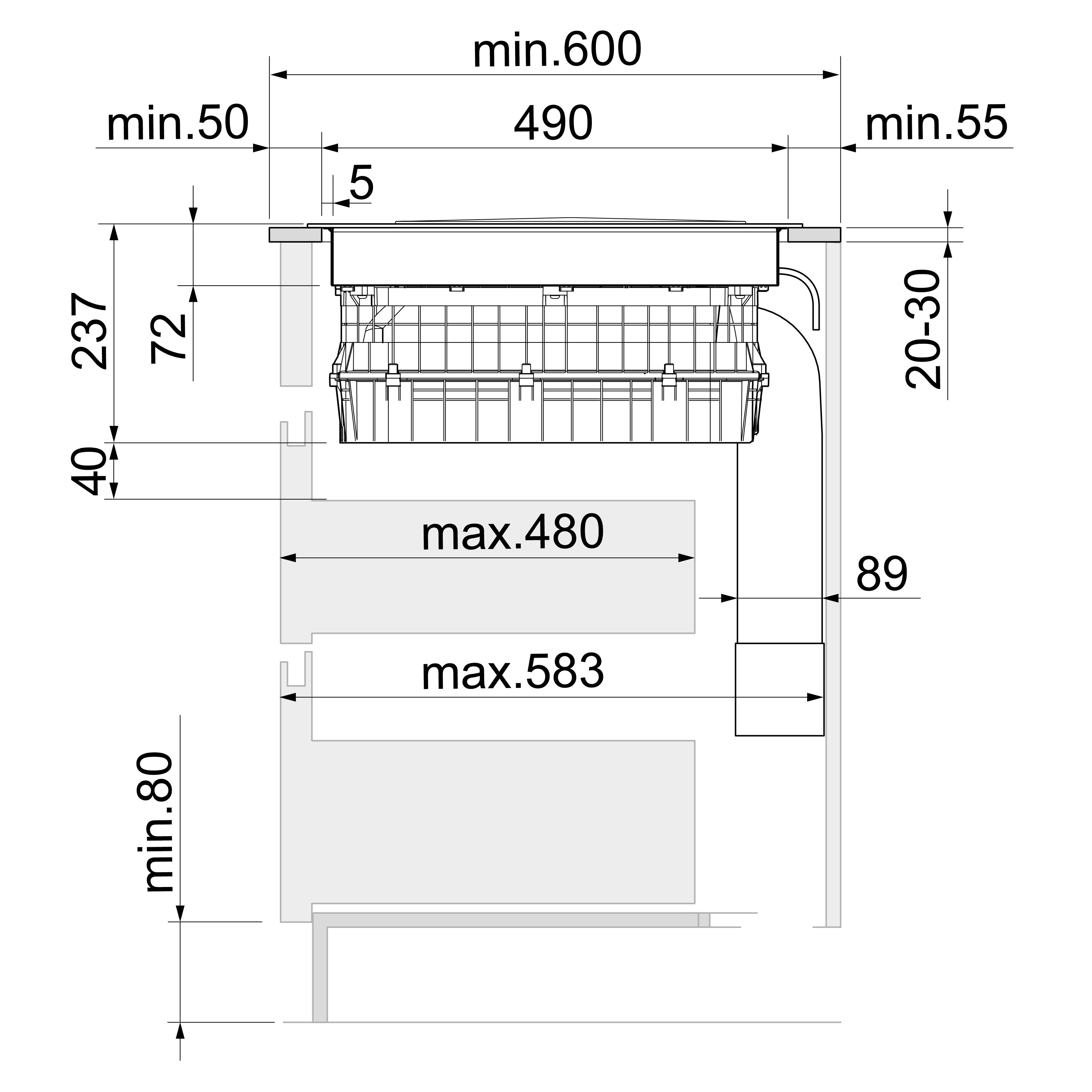 Technische tekening met afmetingen voor een apparaat, focus op inbouwmaten.