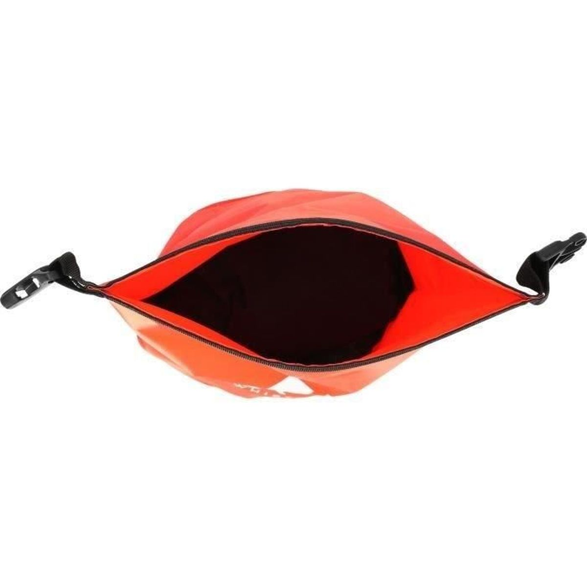 Orange wasserdichte Tasche mit schwarzem Reißverschluss und Clip.