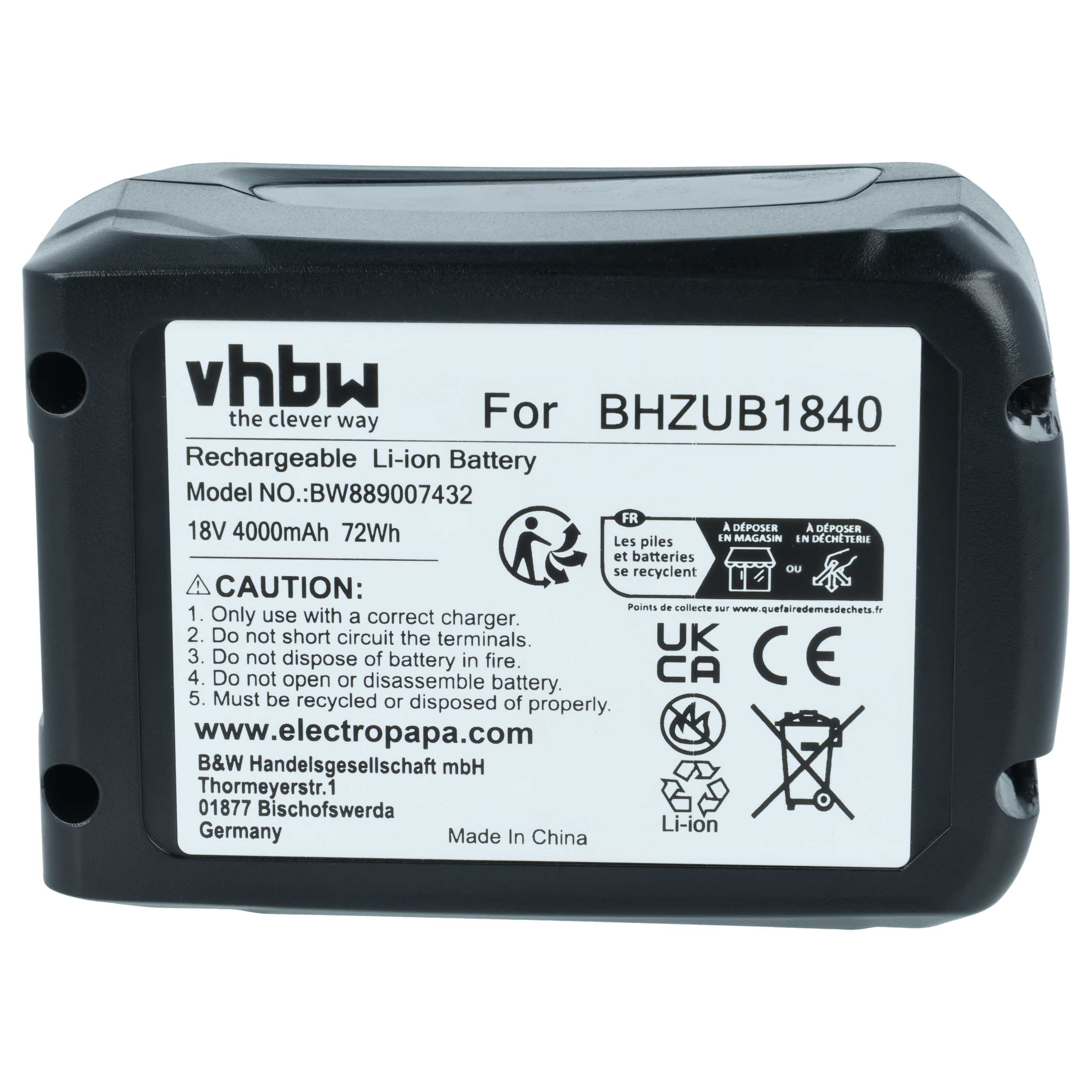 Ein schwarzer Li-Ionen-Akku für BHZUB1840 mit 18V 4000mAh Spezifikationen.