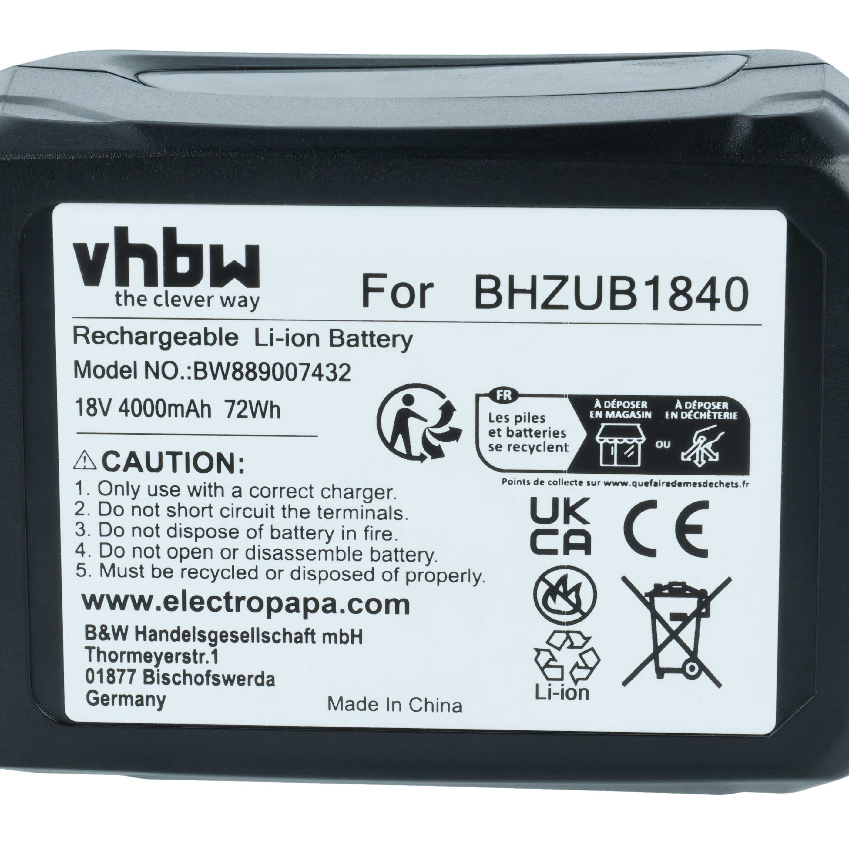 Schwarzer Li-Ionen-Akku, 18V 4000mAh, für BHZUB1840.