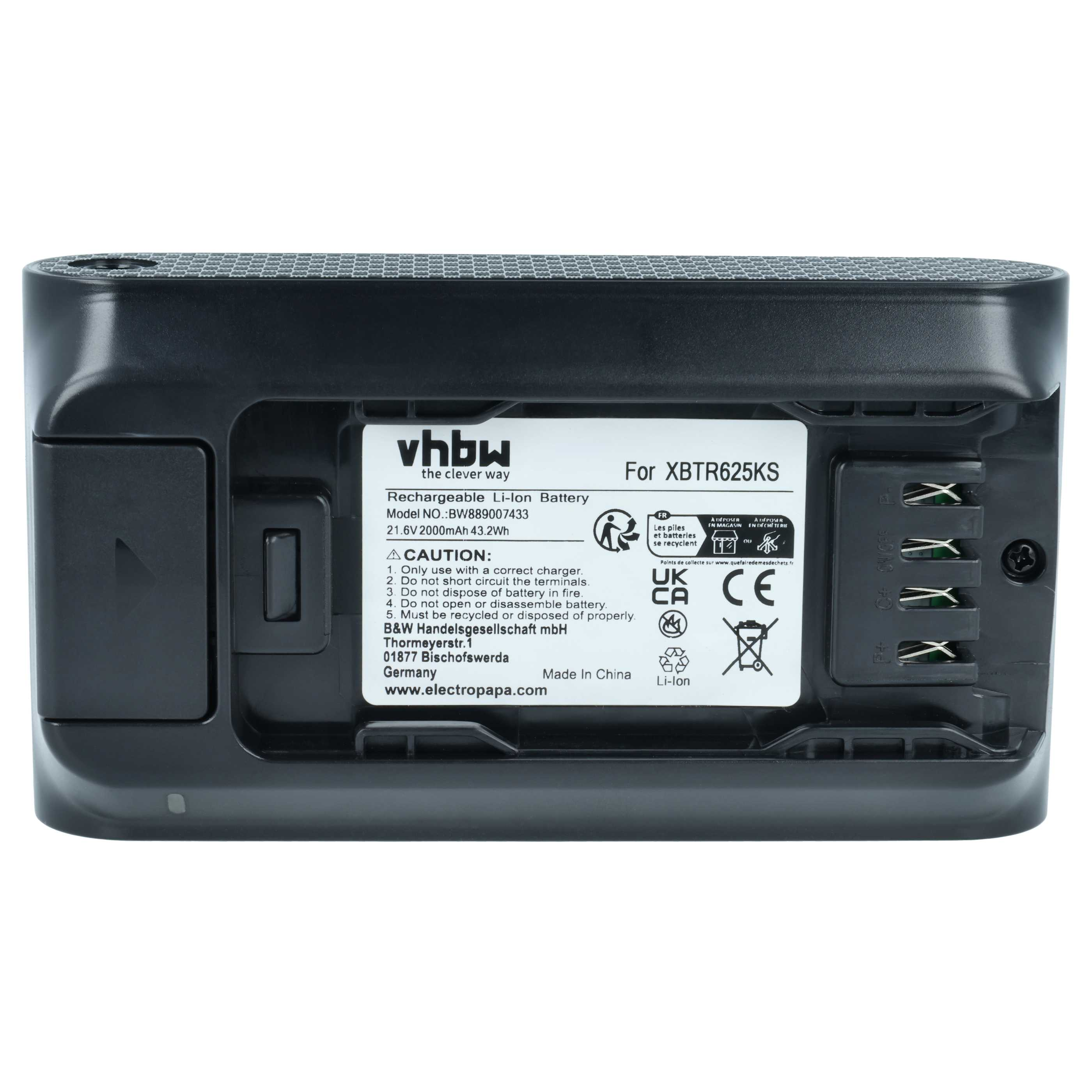Schwarzer Akku für XBTR625KS, Li-Ion, 21.6V 2000mAh, mit Details und Warnhinweisen.