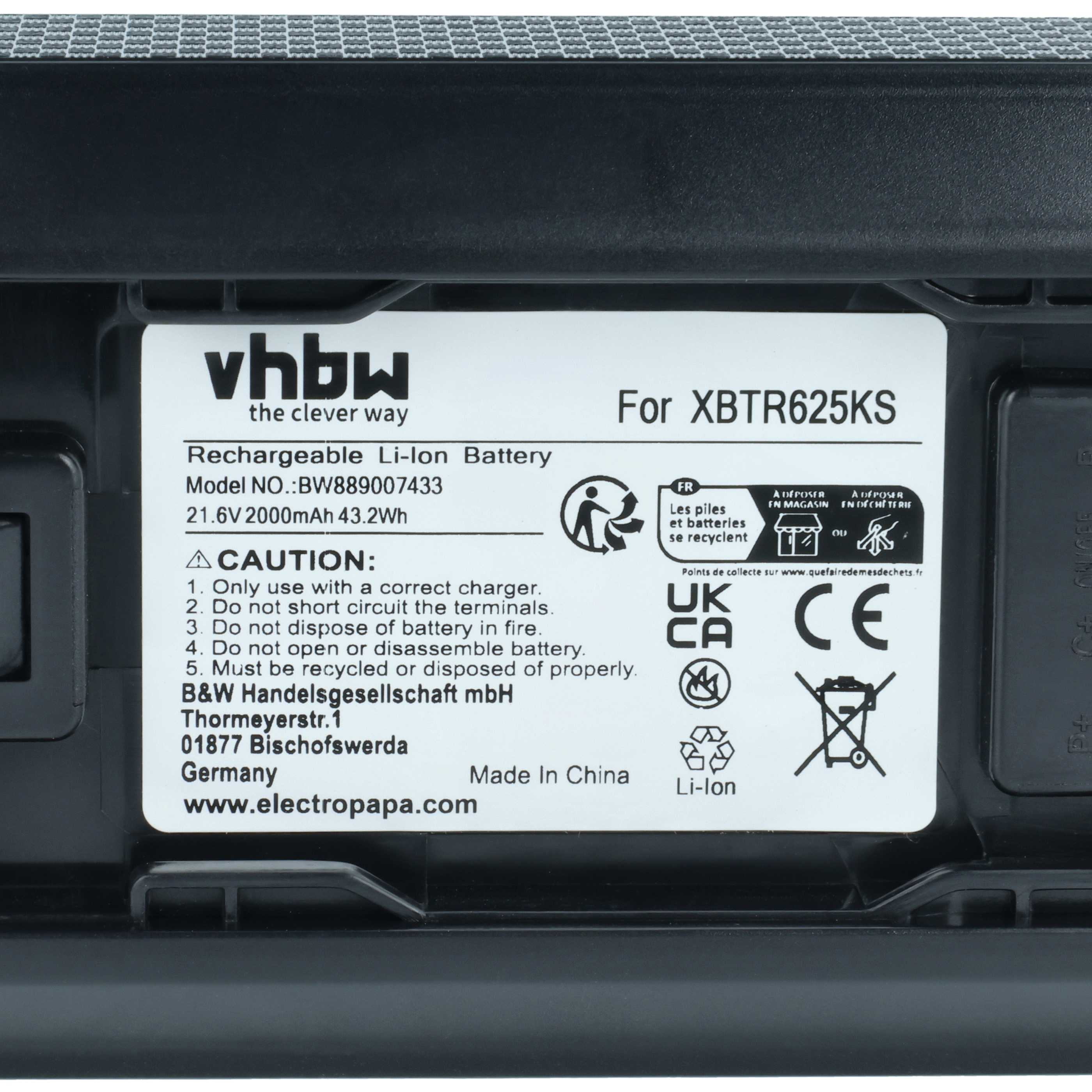 Schwarzer Akku mit weißem Etikett, der Marke vhbw, für XBTR625KS.