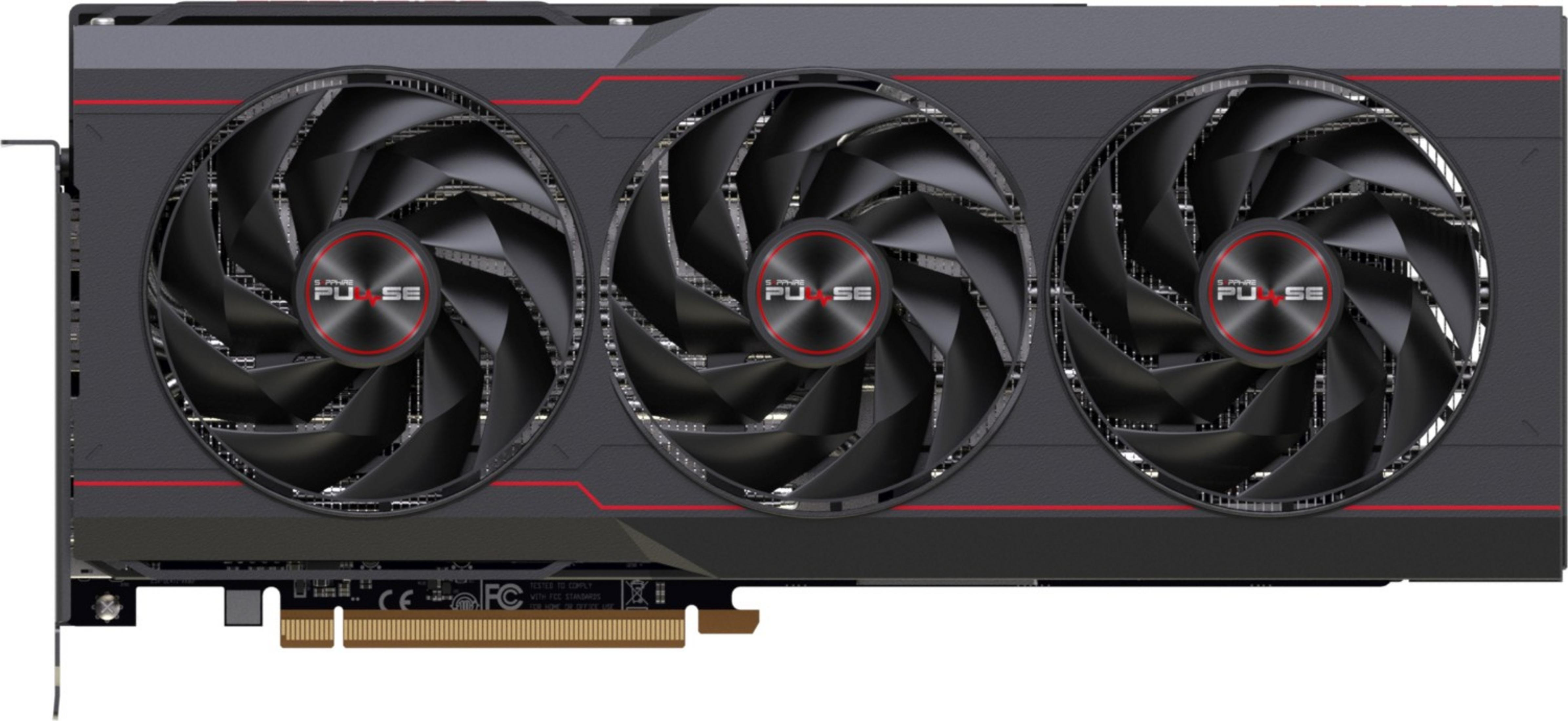 Een zwarte grafische kaart met drie ventilatoren en rode accenten. Het Sapphire Pulse-logo is zichtbaar.