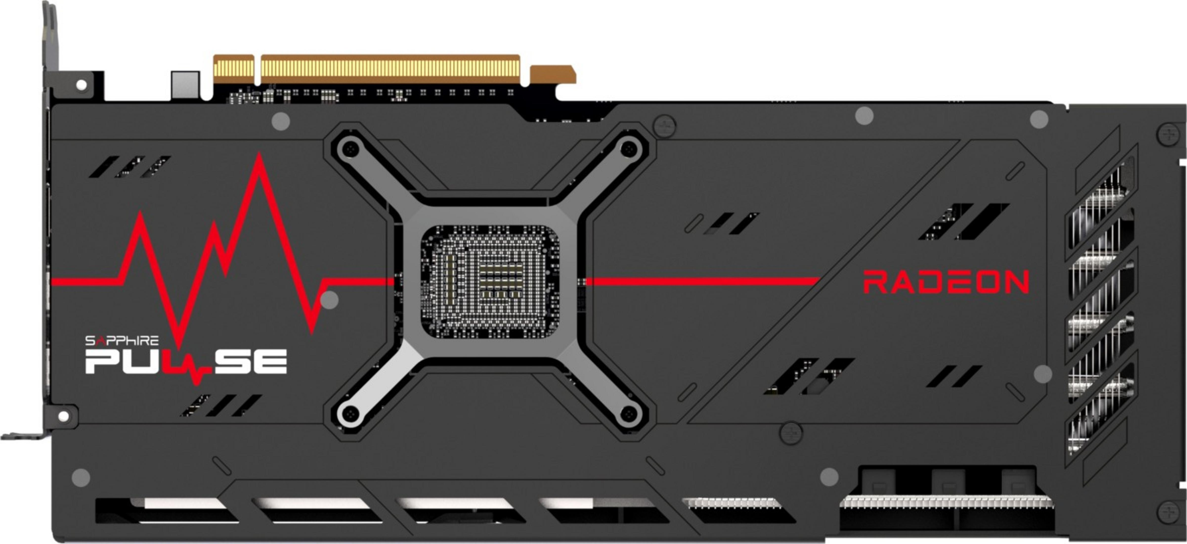 Achterkant van een zwarte grafische kaart met rode pulse- en Radeon-logo.