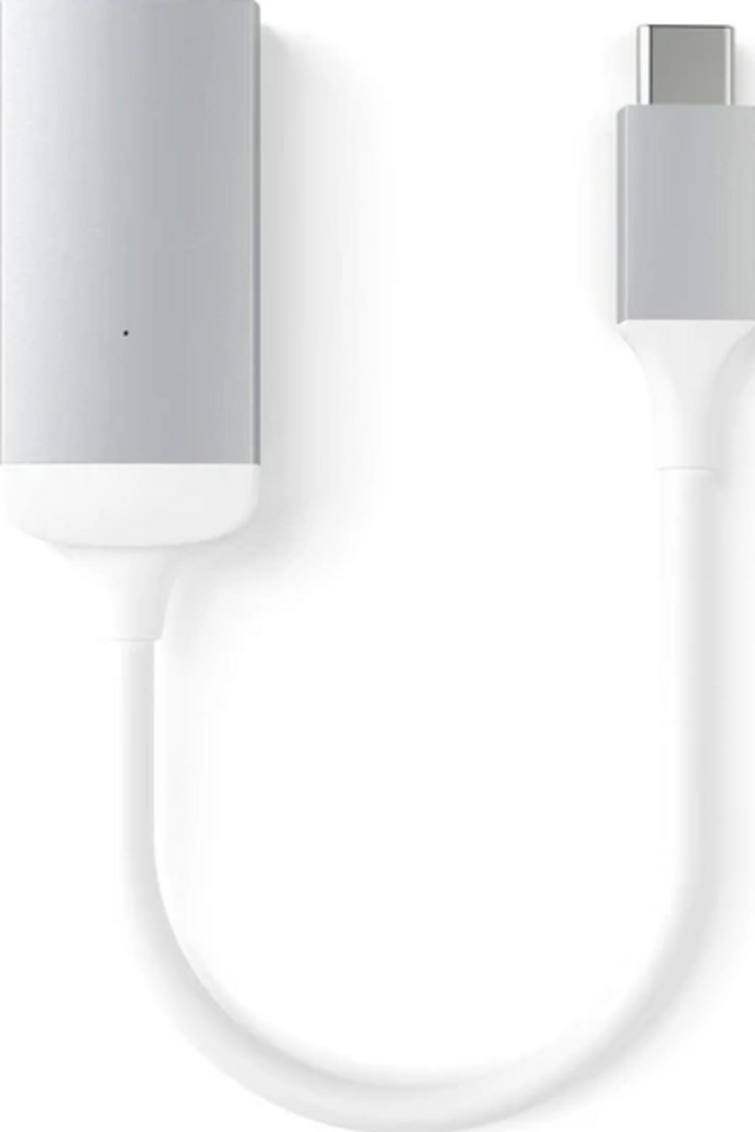 Ein silberner USB-C-Adapter mit weißem Kabel und einem Stecker.