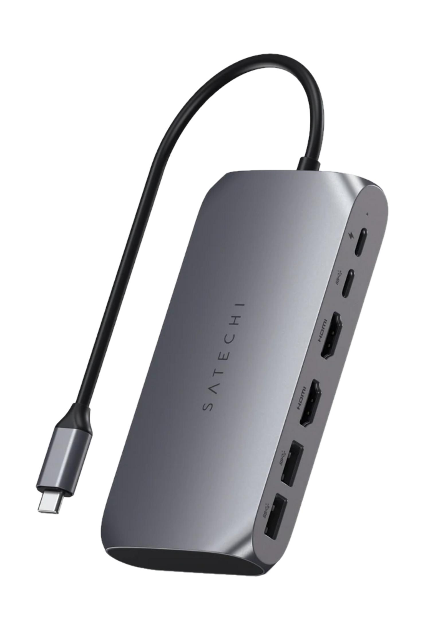 Hub USB-C Satechi grigio con cavo e porte, isolato su sfondo bianco.