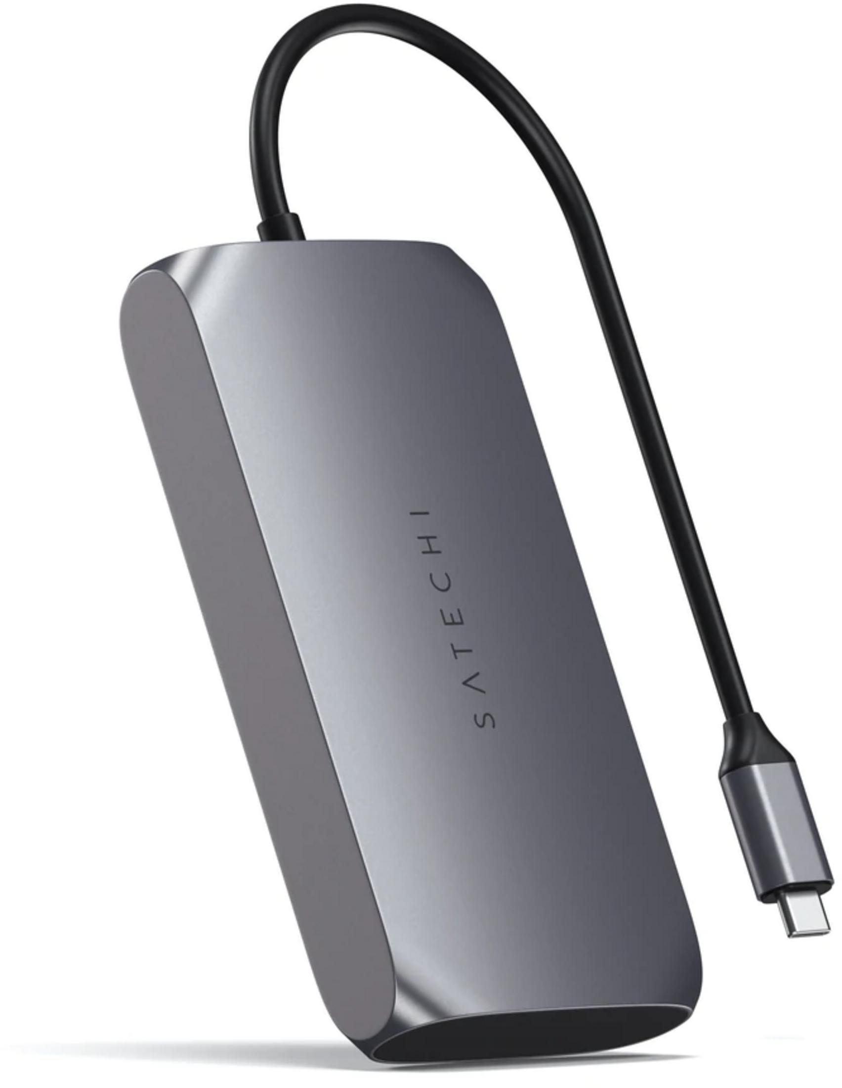 Hub USB-C grigio con cavo nero e connettore argentato.