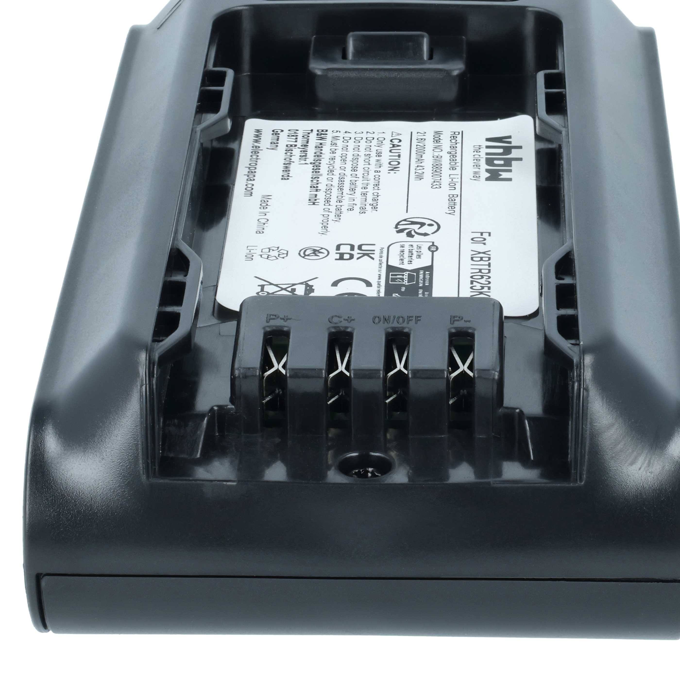 Schwarzer Akku für XBTR625K mit Ladekontakten und Aufkleber.