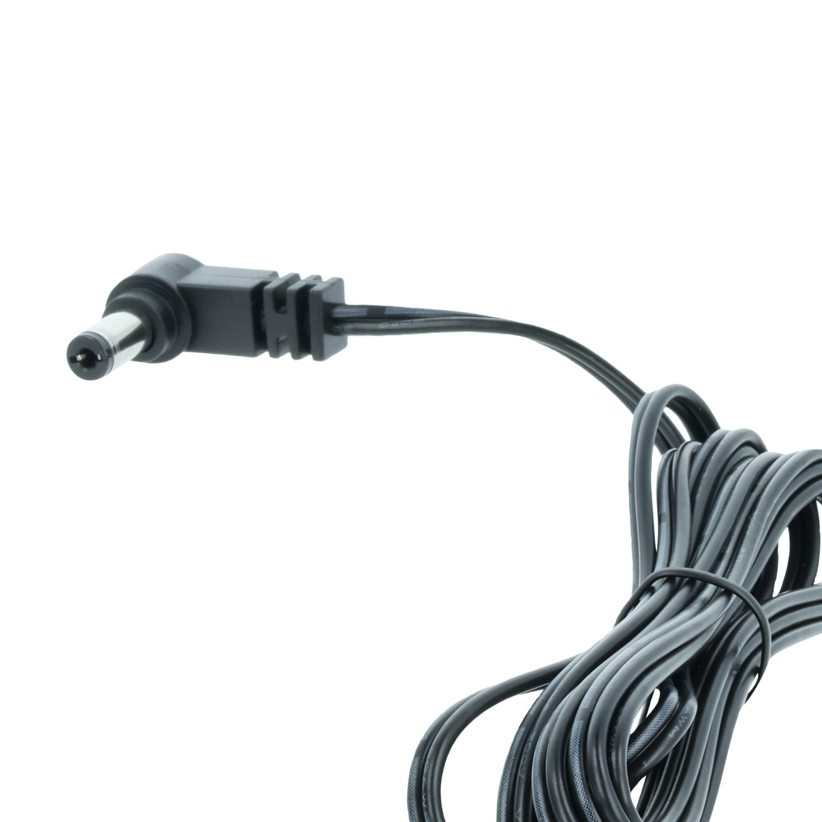 Schwarzes Stromkabel mit rechtwinkligem Stecker und aufgewickeltem Kabel.