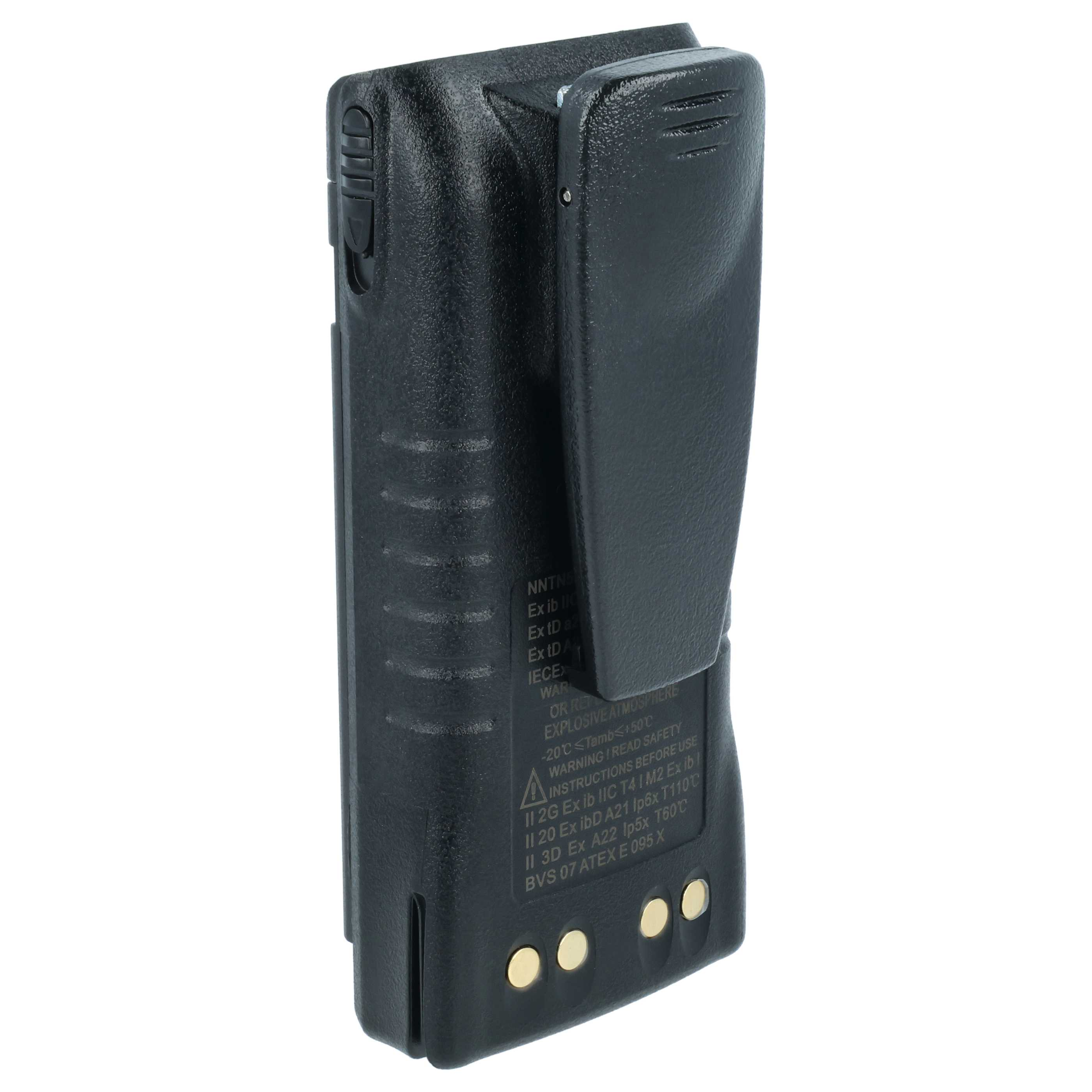 Schwarzer Akku mit Gürtelclip und Ladekontakten.
