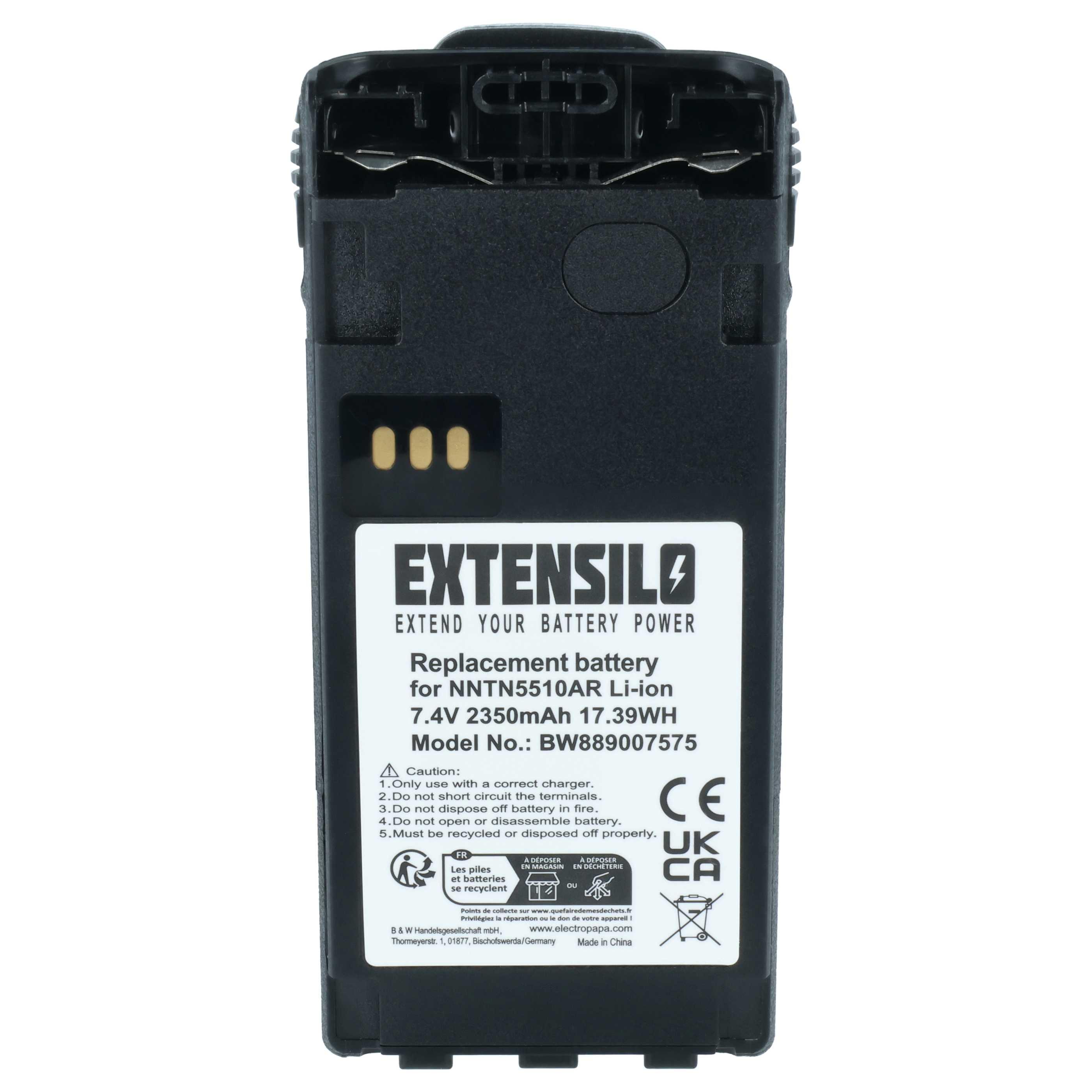 Schwarzer Li-Ion Akku mit Aufdruck: EXTENSILO, Ersatzakku, Modell BW889007575.