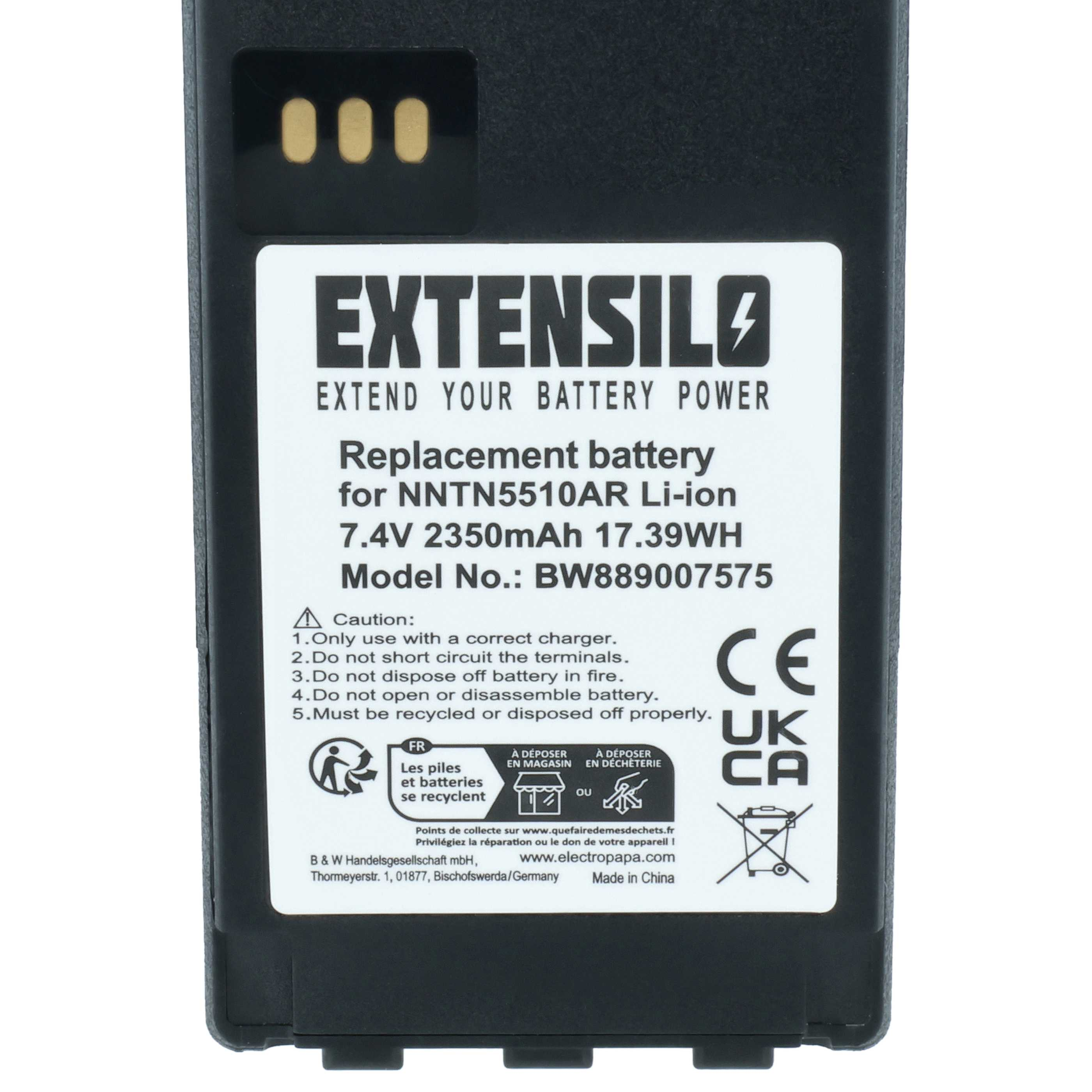 Schwarzer Lithium-Ionen-Akku mit Etikett, Modell NNTN5510AR, 7,4V.