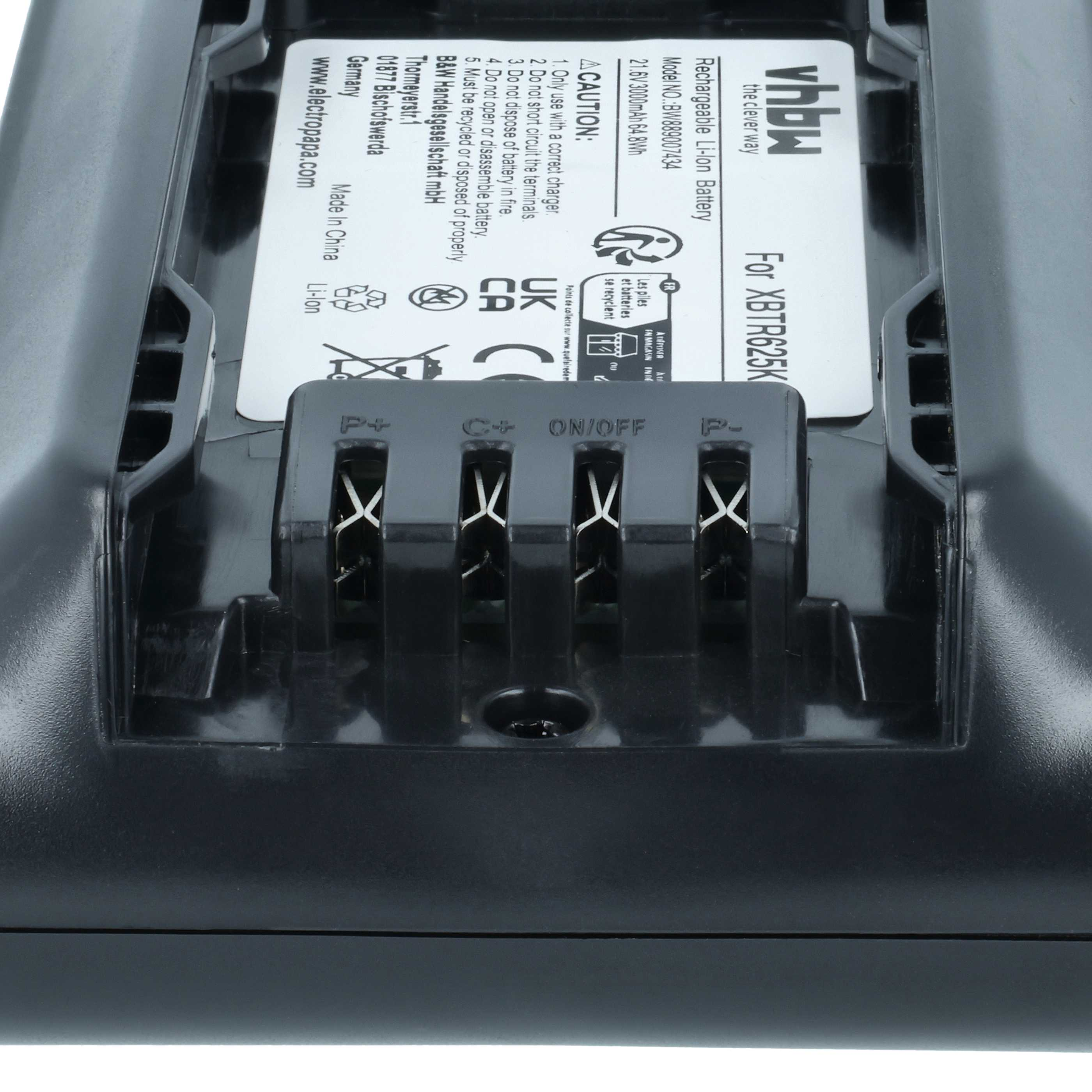 Nahaufnahme eines schwarzen Lithium-Ionen-Akkus mit Beschriftung.