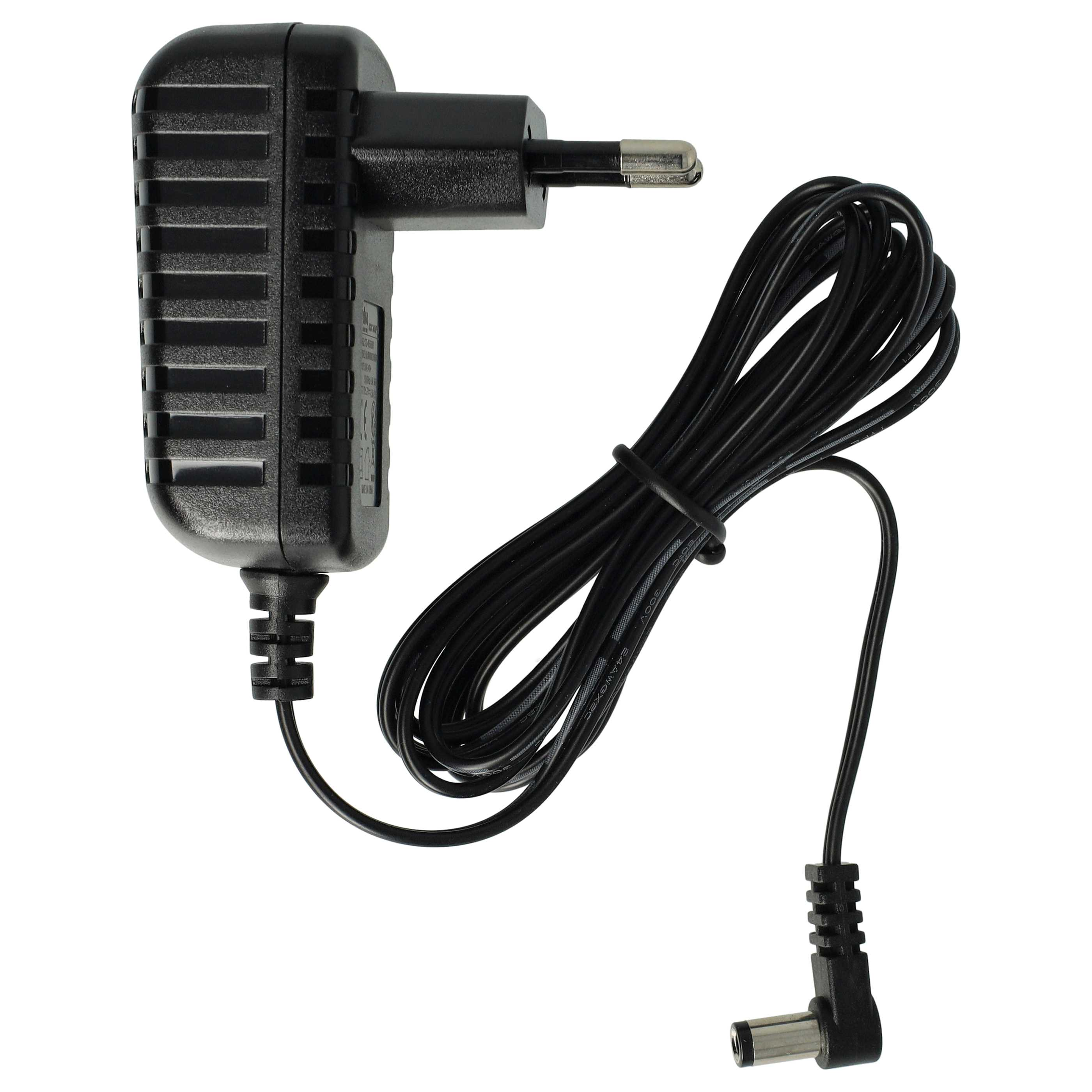 Schwarzes Netzteil mit Kabel und Winkelstecker, wei&szlig;er Hintergrund.