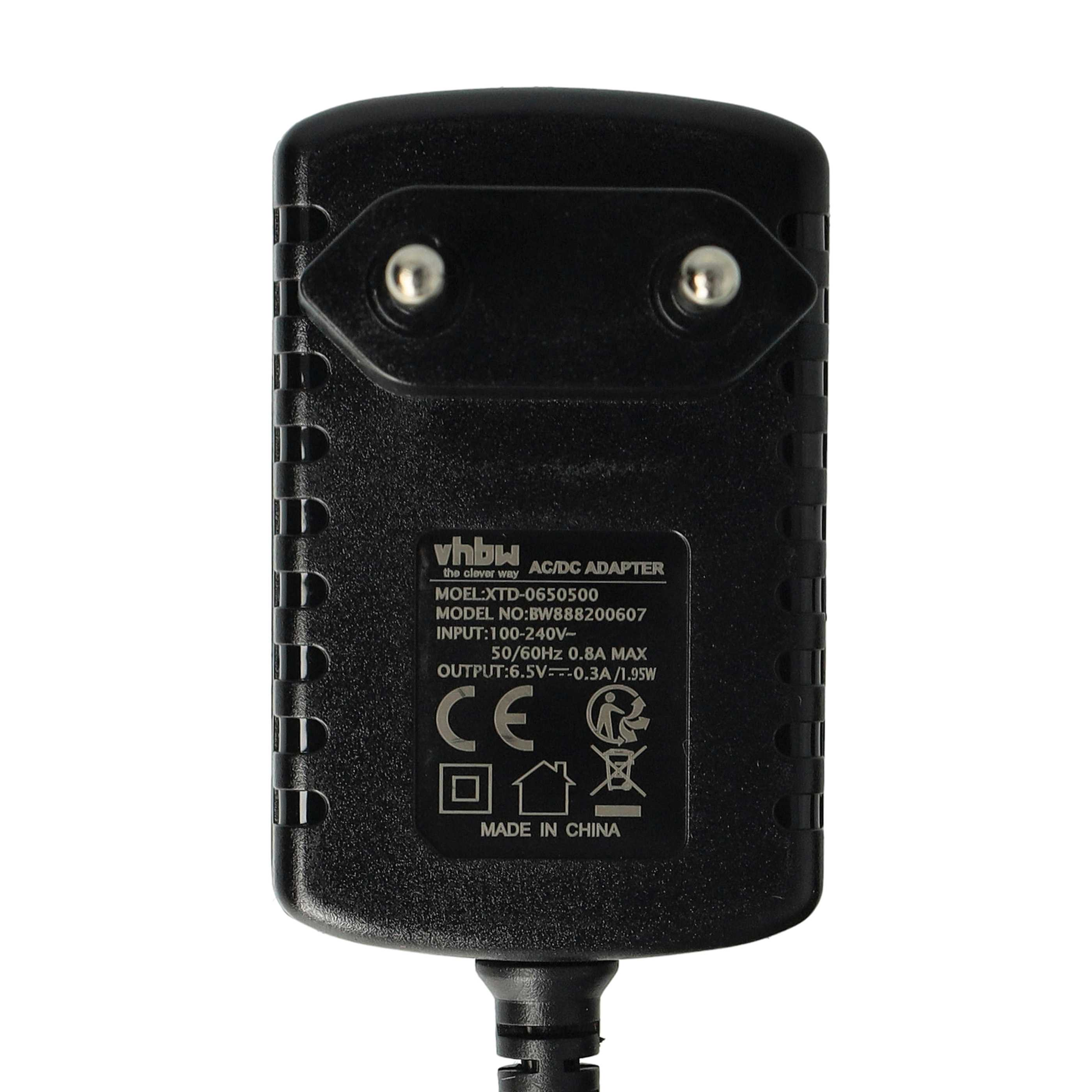 Schwarzer AC/DC-Adapter mit Eurostecker, CE-Zeichen und technischen Daten.