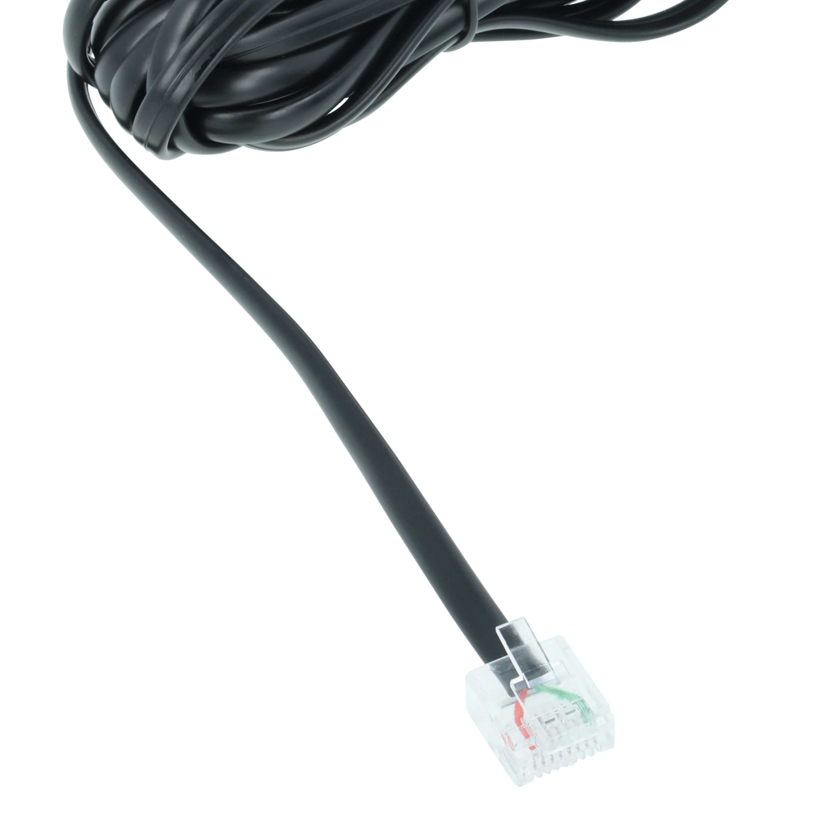 Schwarzes Kabel mit transparentem RJ11-Stecker, auf weißem Hintergrund.