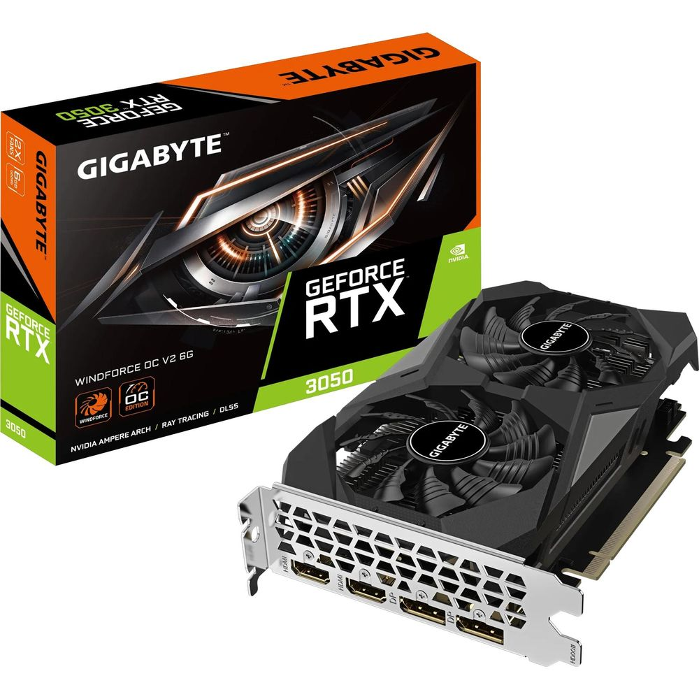 Karta graficzna Gigabyte RTX 3050 i pudełko z wentylatorami i portami.