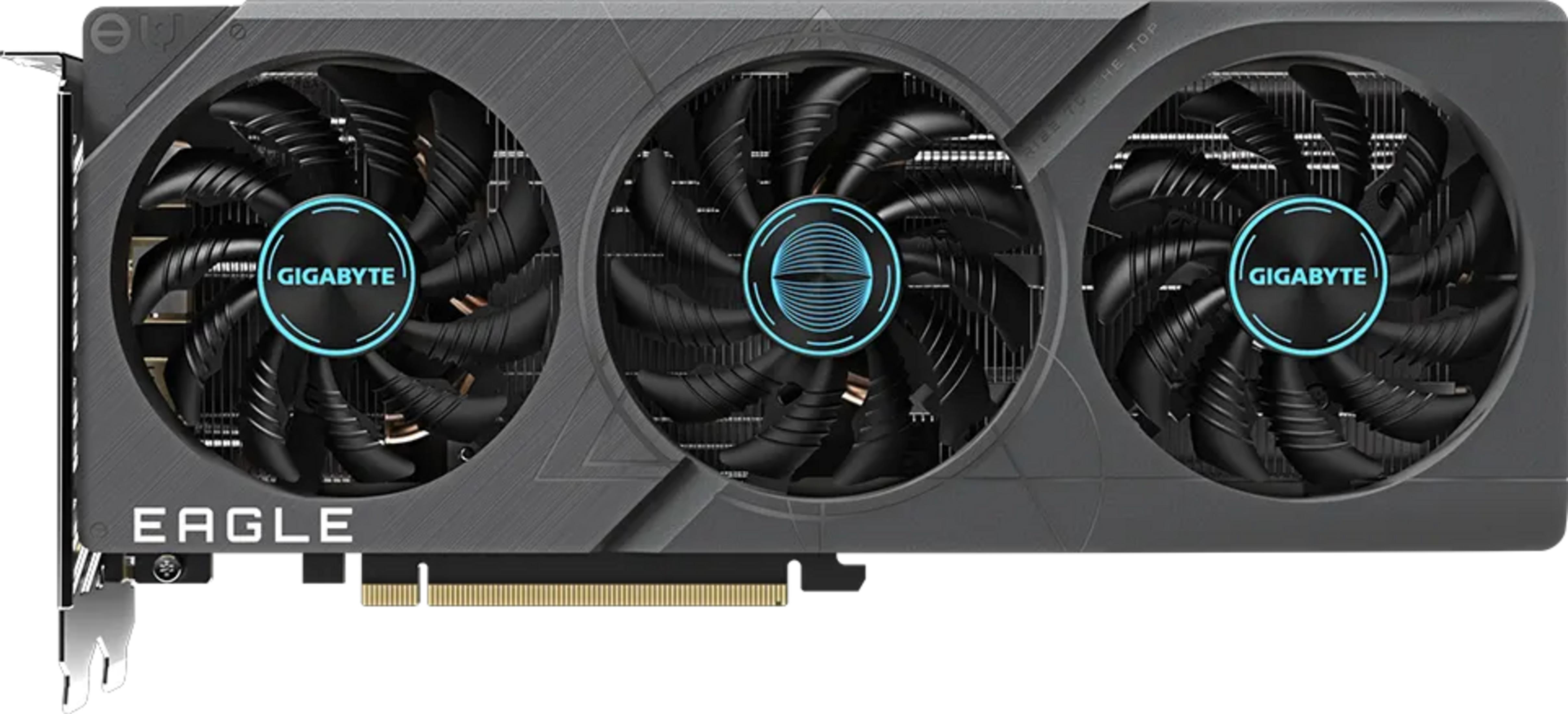 Una scheda grafica con tre ventole e il logo Gigabyte.