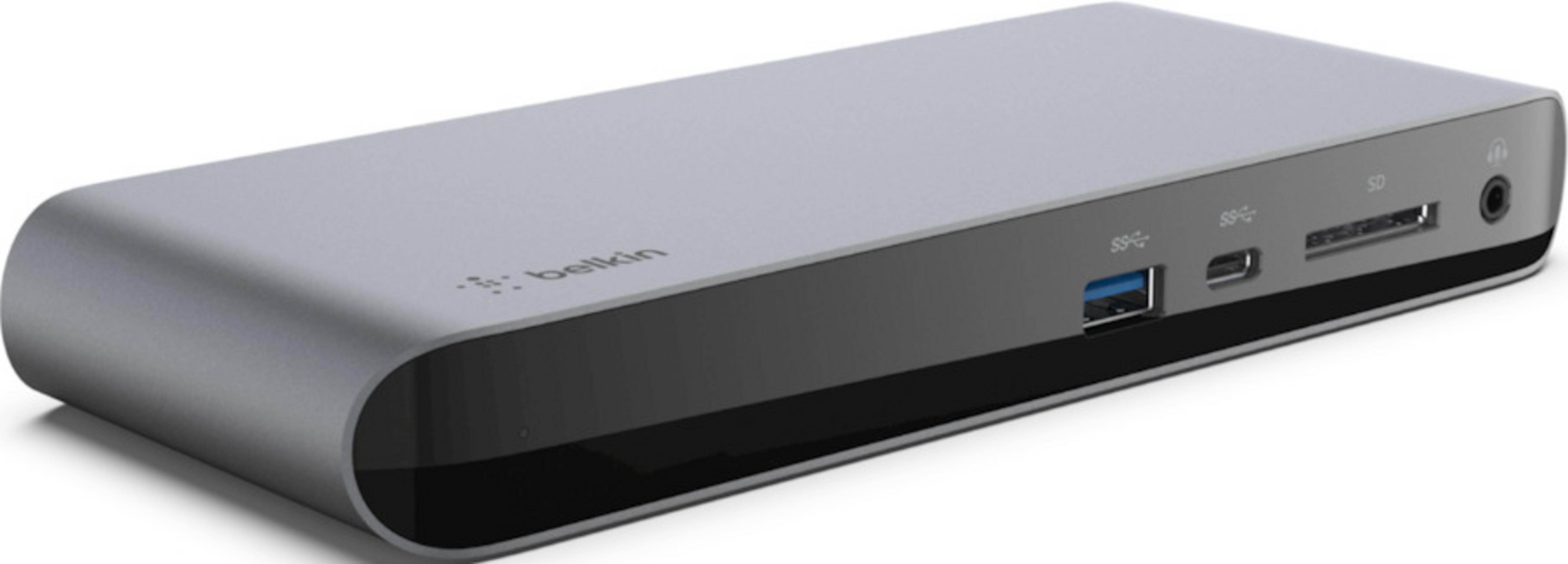 Docking station Belkin grigia con USB-C, USB-A, lettore di schede SD e jack per cuffie.