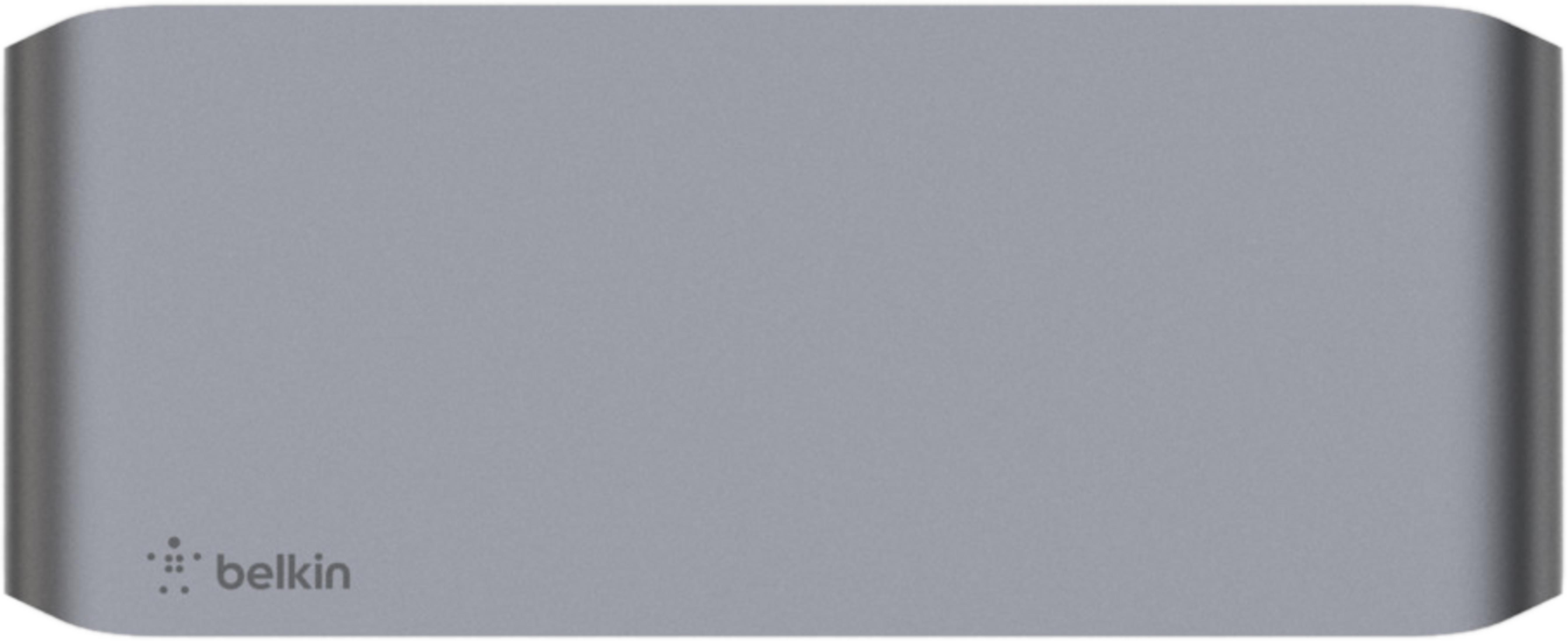 Adattatore Belkin grigio con logo stilizzato sul lato sinistro.