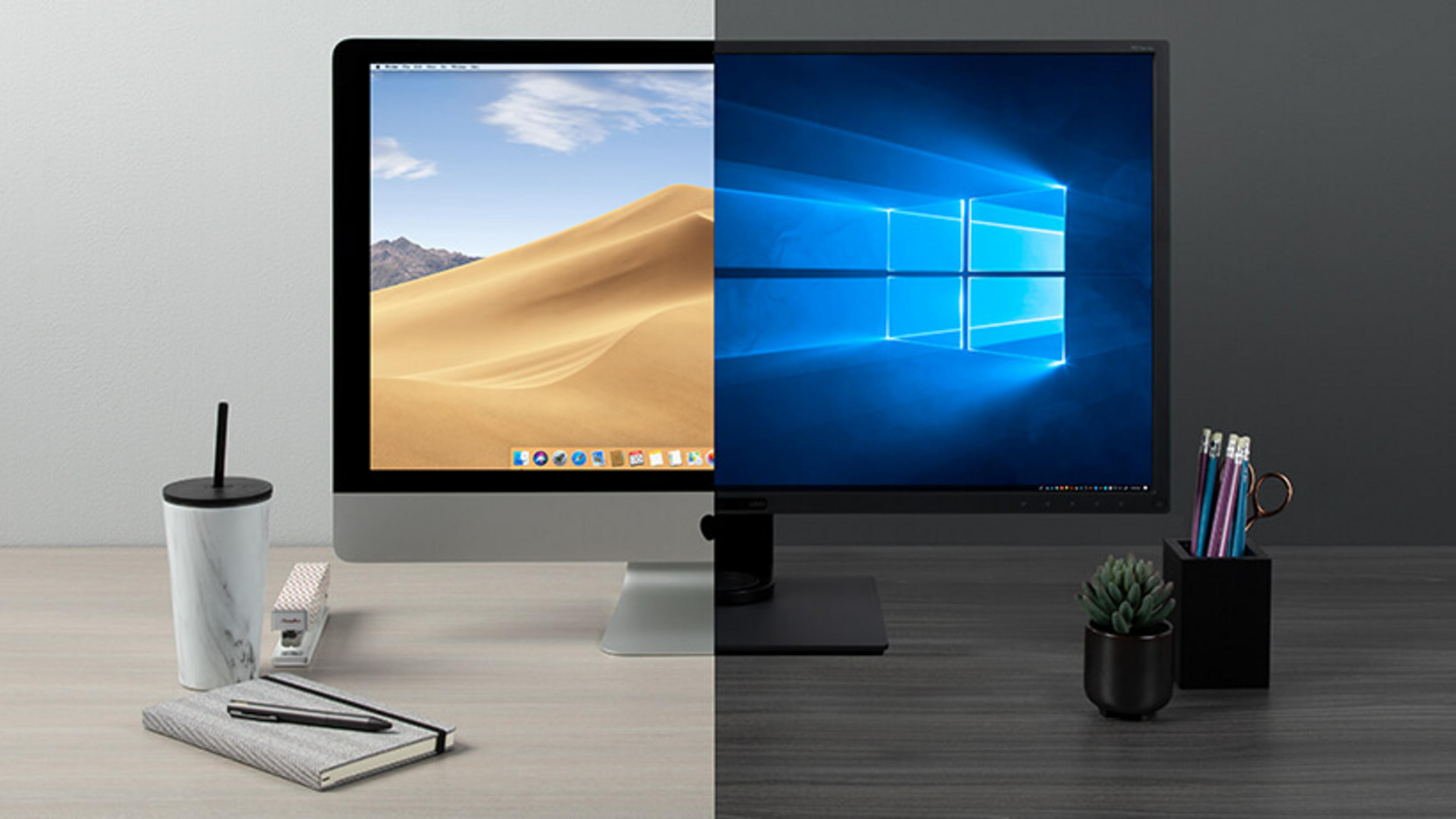 Uno schermo diviso mostra Mac OS a sinistra e Windows a destra, con cancelleria.