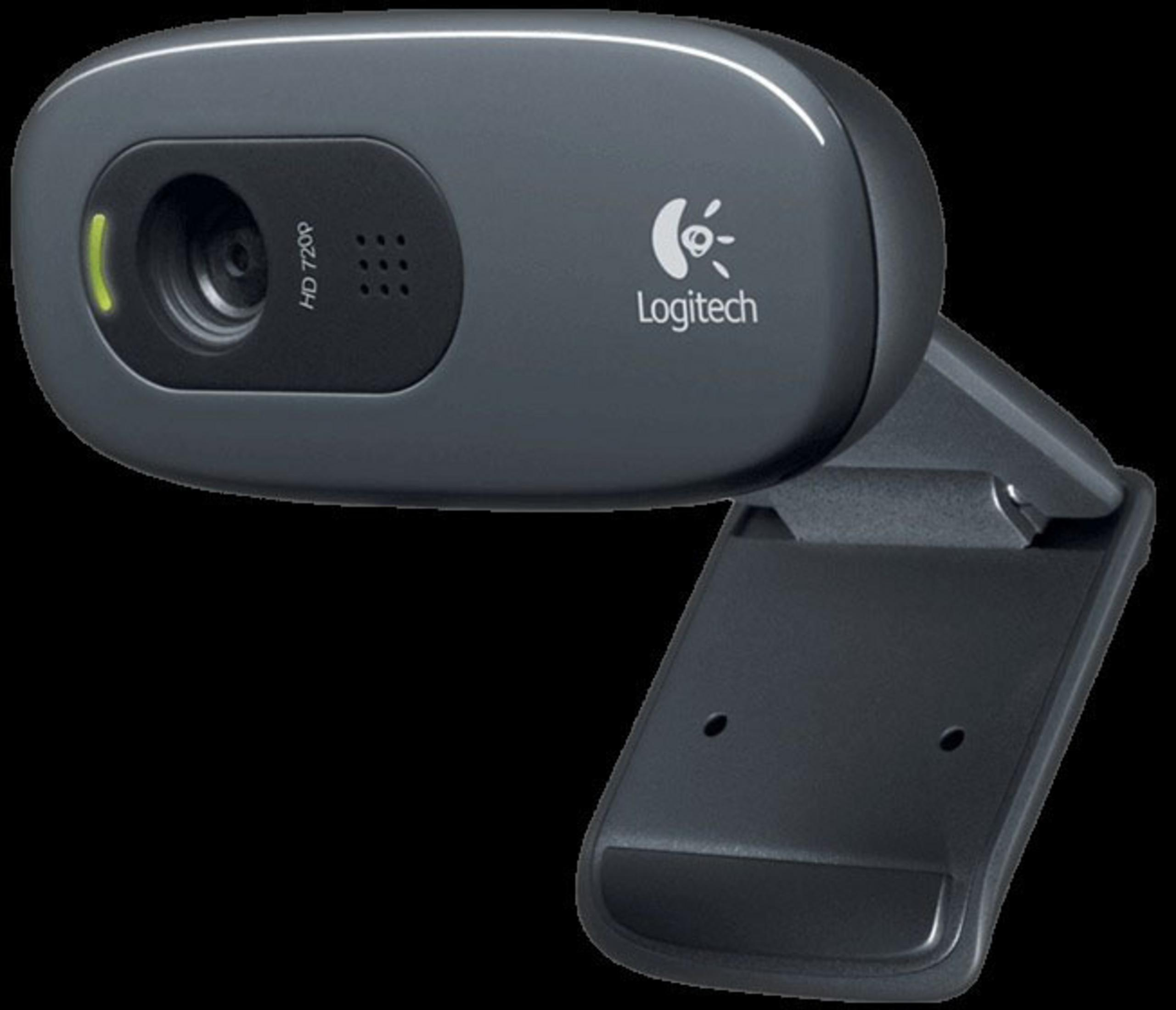 Eine graue Logitech Webcam mit HD 720p-Aufschrift und einer grünen LED.