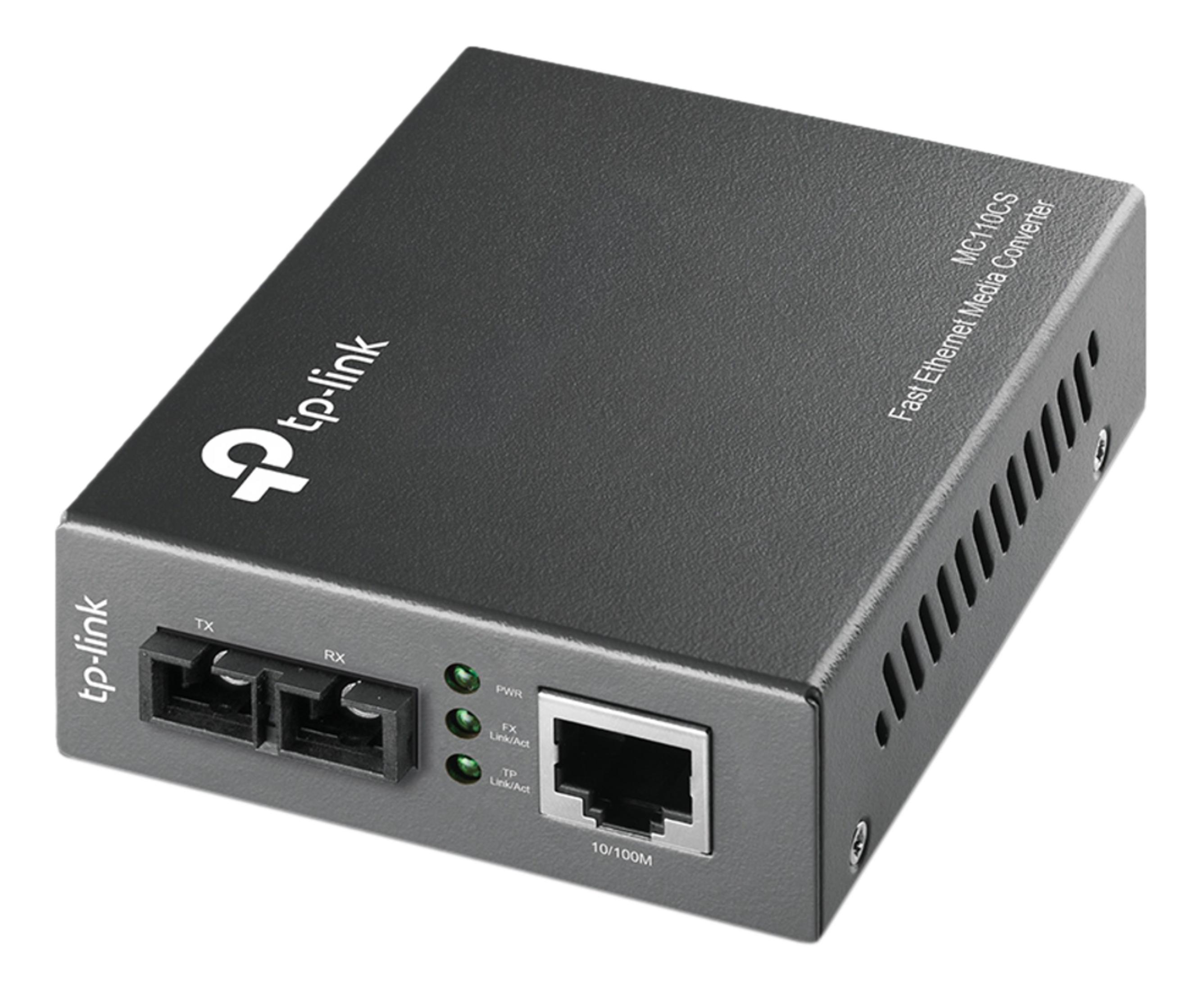 Konwerter mediów Fast Ethernet TP-Link MC110CS z portami TX/RX, PWR, FX i TP.