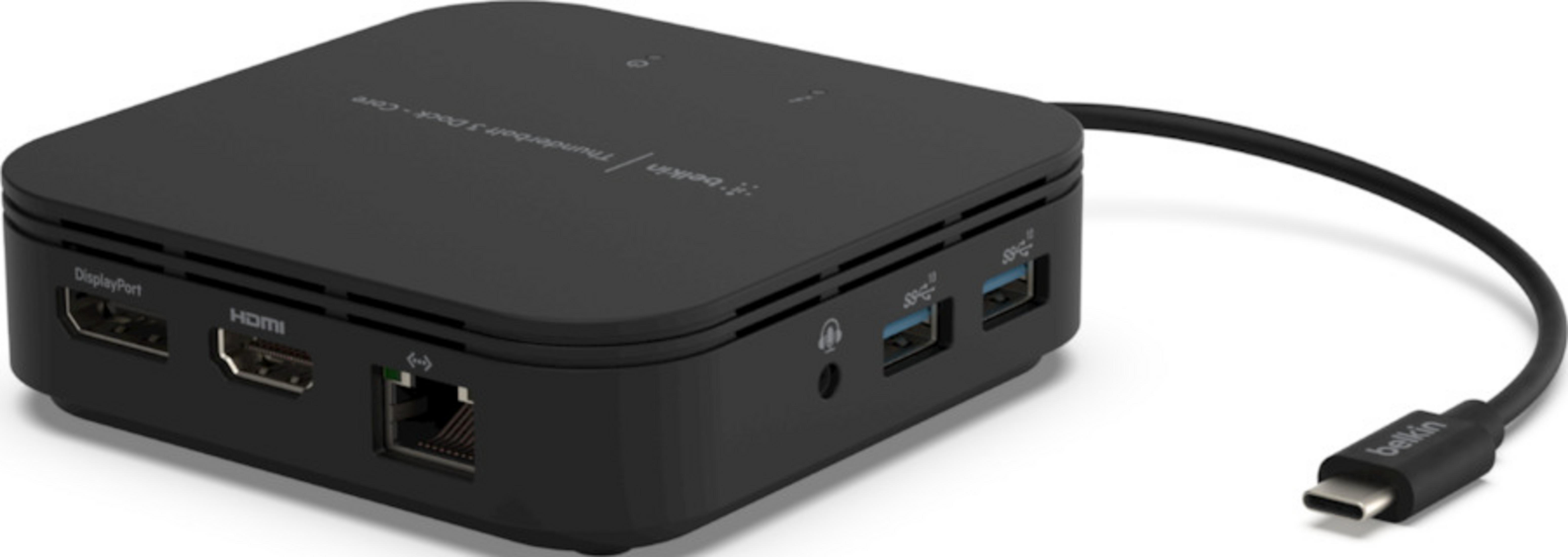 Dock Thunderbolt 3 nero con porte DisplayPort, HDMI, Ethernet, USB-A e cuffie.