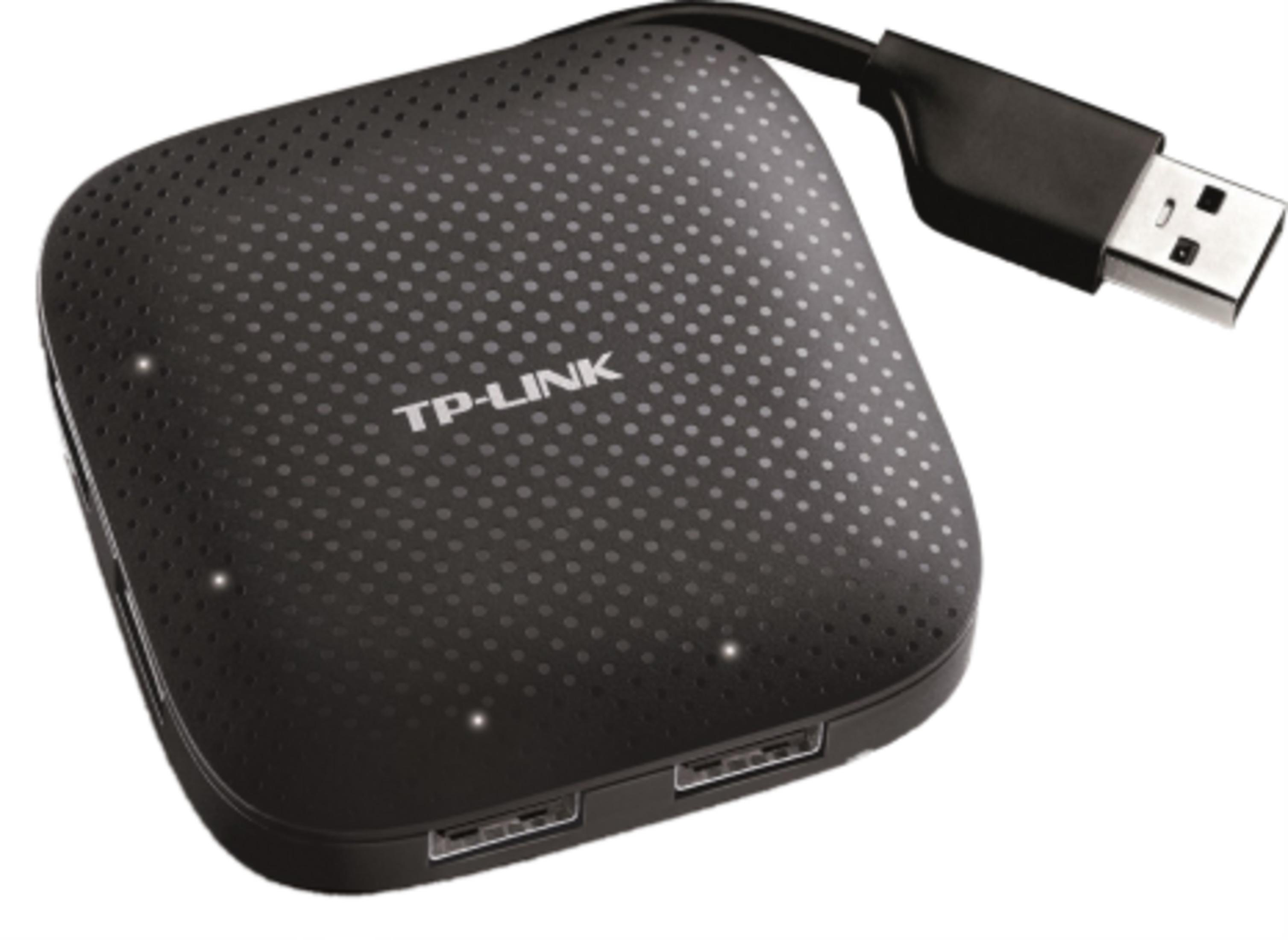 Schwarzer USB-Hub mit TP-Link-Logo und mehreren USB-Anschlüssen.