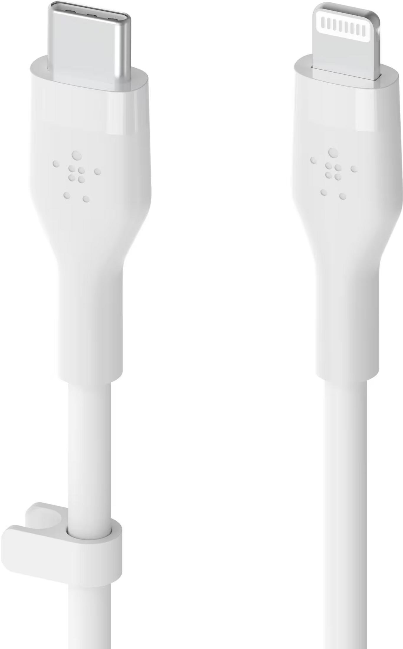 A white USB-C cable and a Lightning cable side by side.