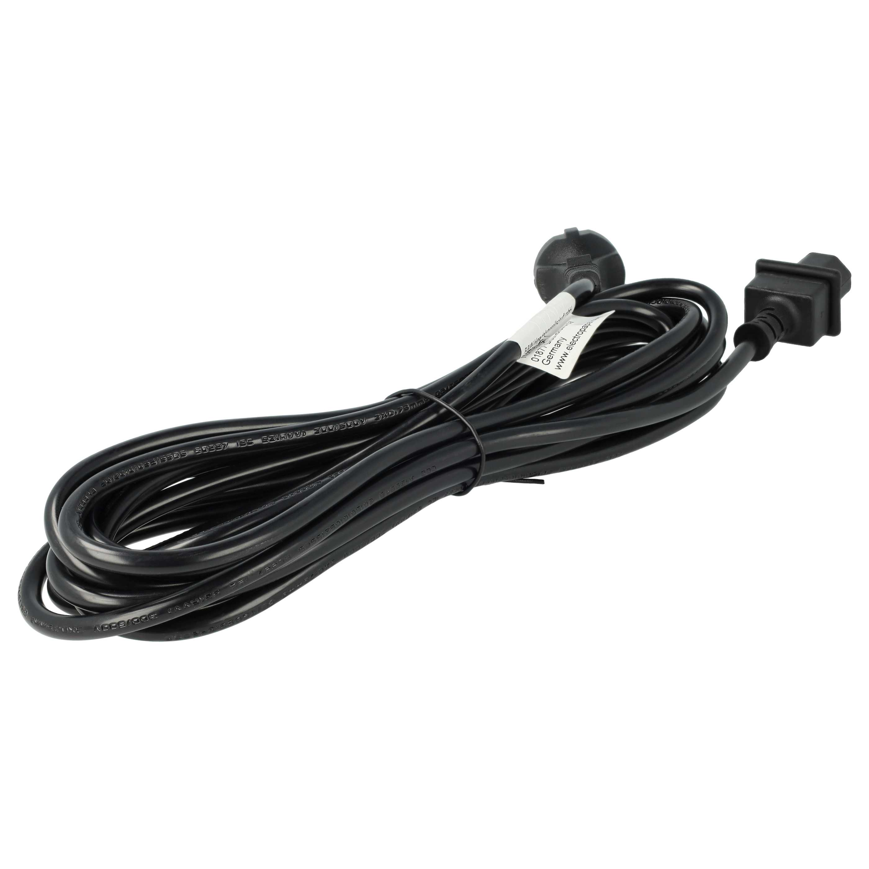 Schwarzes Stromkabel mit zwei Steckern, aufgewickelt, mit Etikett.