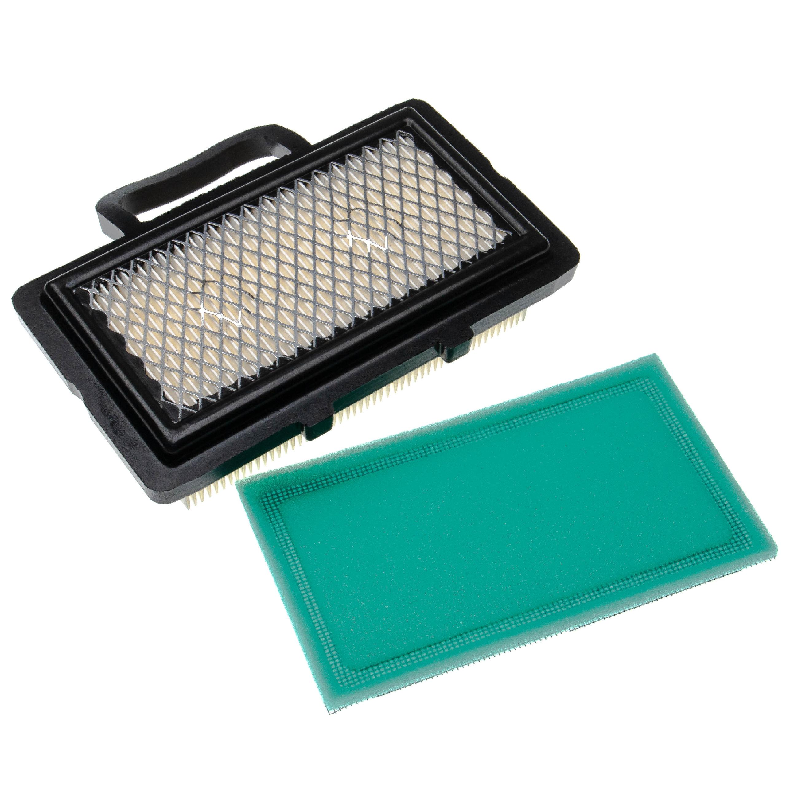 Ein Luftfilter mit schwarzem Rahmen und hellbraunem Filterelement neben einem grünen Filter.