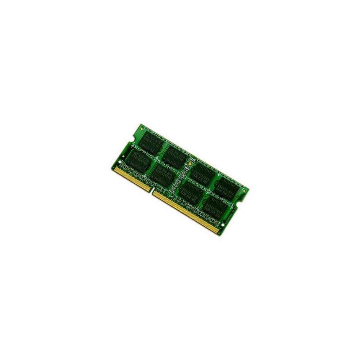 Un modulo RAM verde con chip neri e contatti dorati.