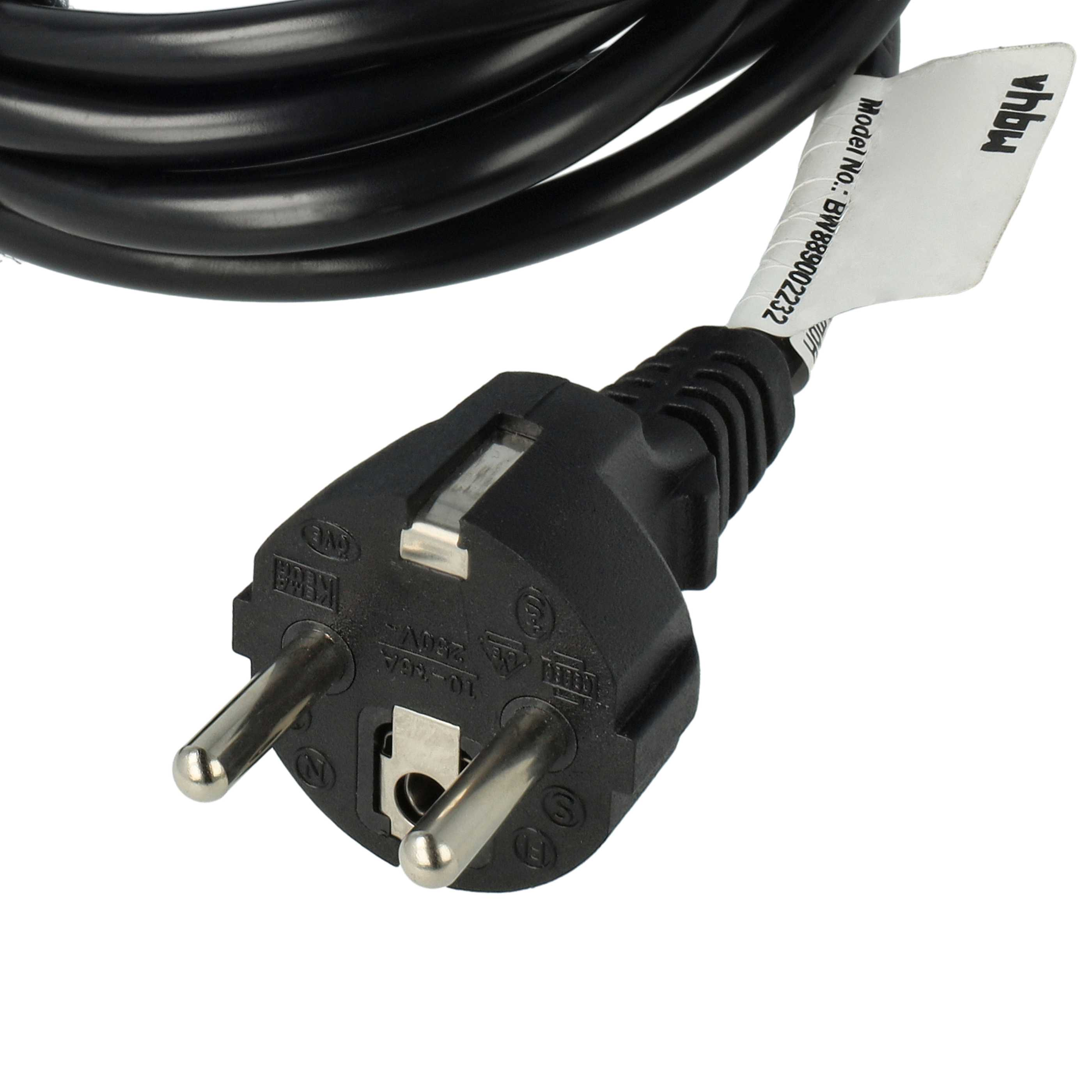 Schwarzes Stromkabel mit Stecker und Etikett.