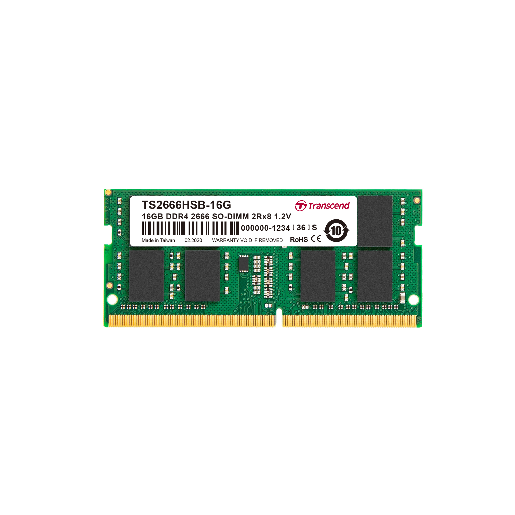 Zielony moduł RAM z etykietą Transcend. 16GB DDR4.
