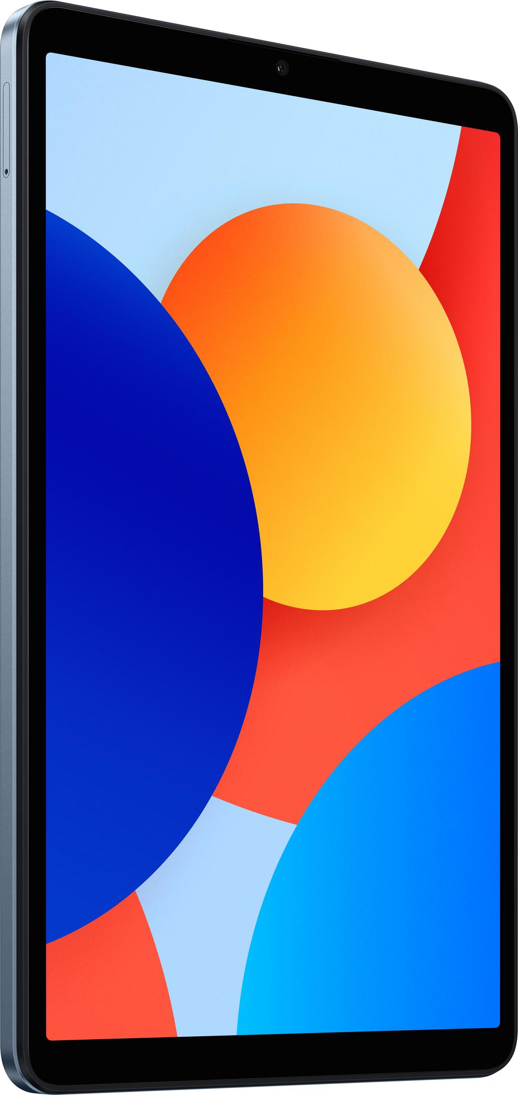 Un tablet con cornice blu e sfondo colorato con cerchi.