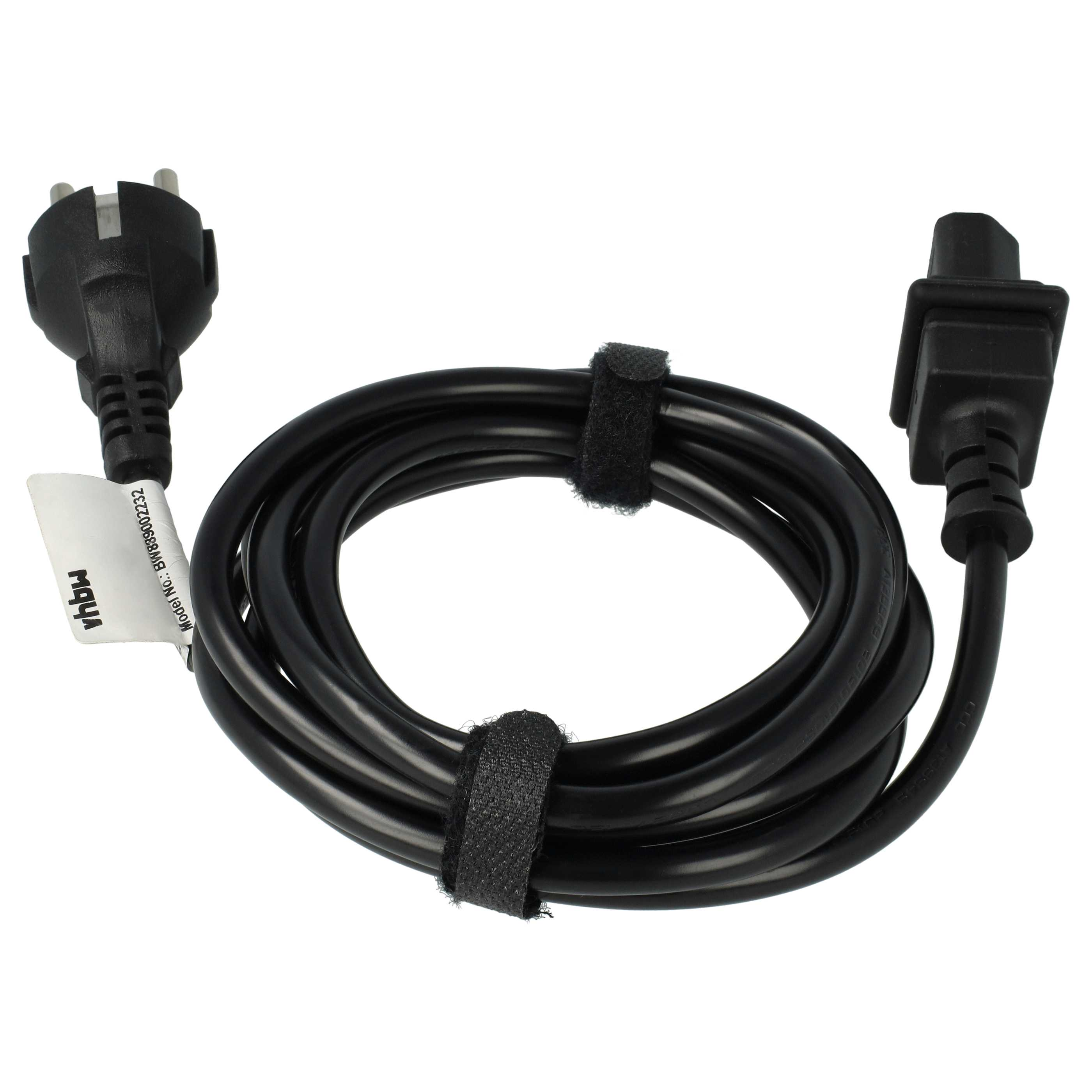 Schwarzes Kabel mit zwei Steckern und Klettverschlüssen, auf weißem Grund.