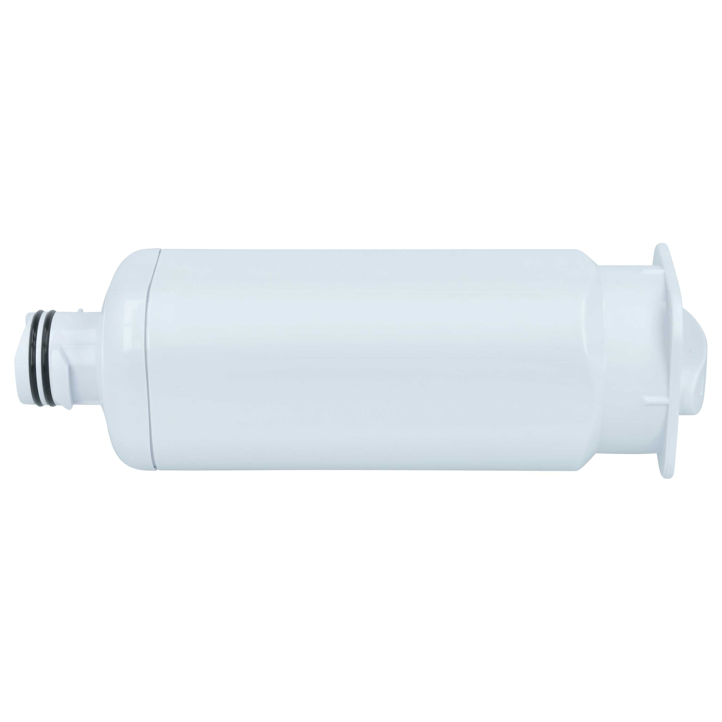 Ein weißer Wasserfilter mit zwei schwarzen Dichtungsringen an einem Ende.
