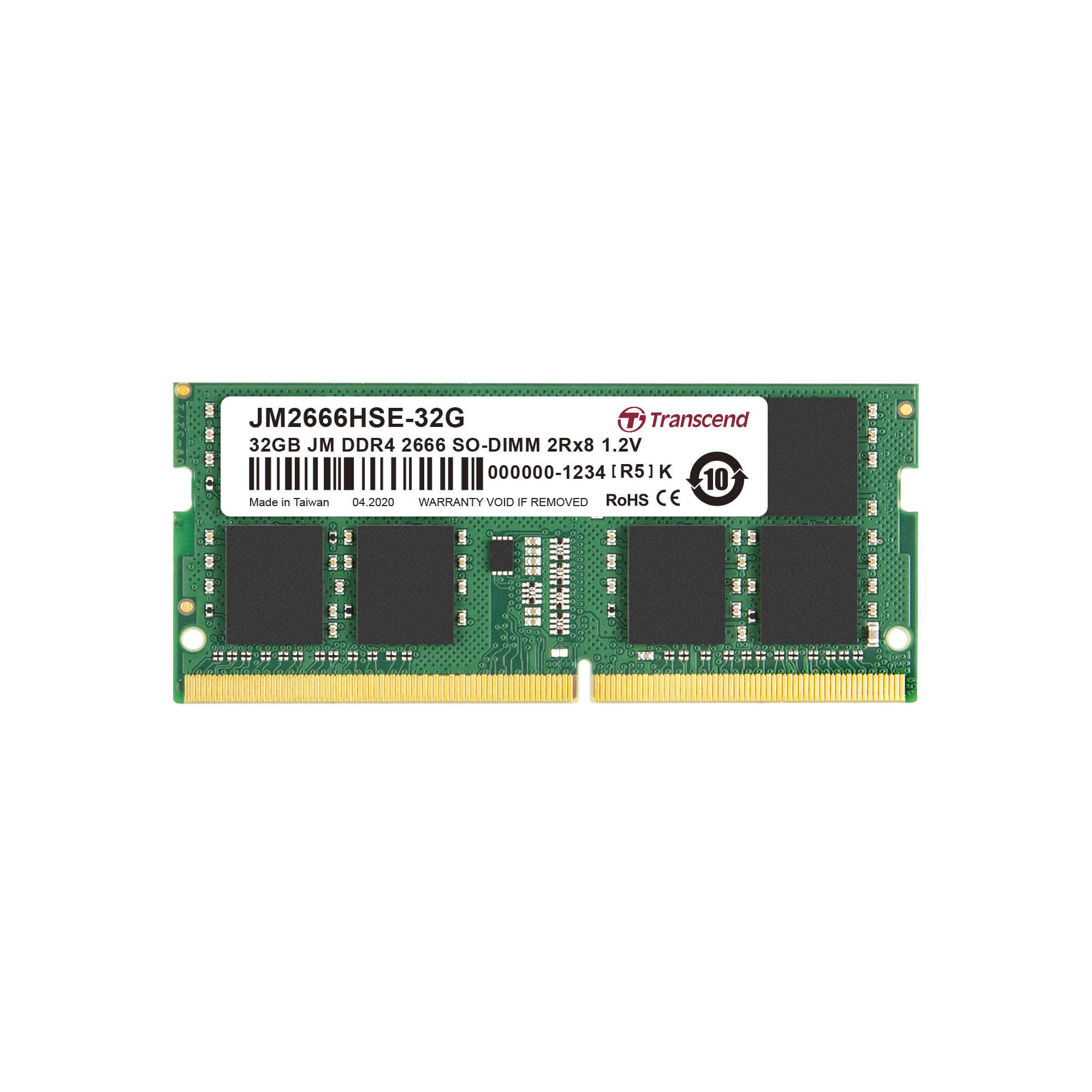Moduł RAM Transcend 32GB DDR4 2666 SO-DIMM ze złotym złączem.