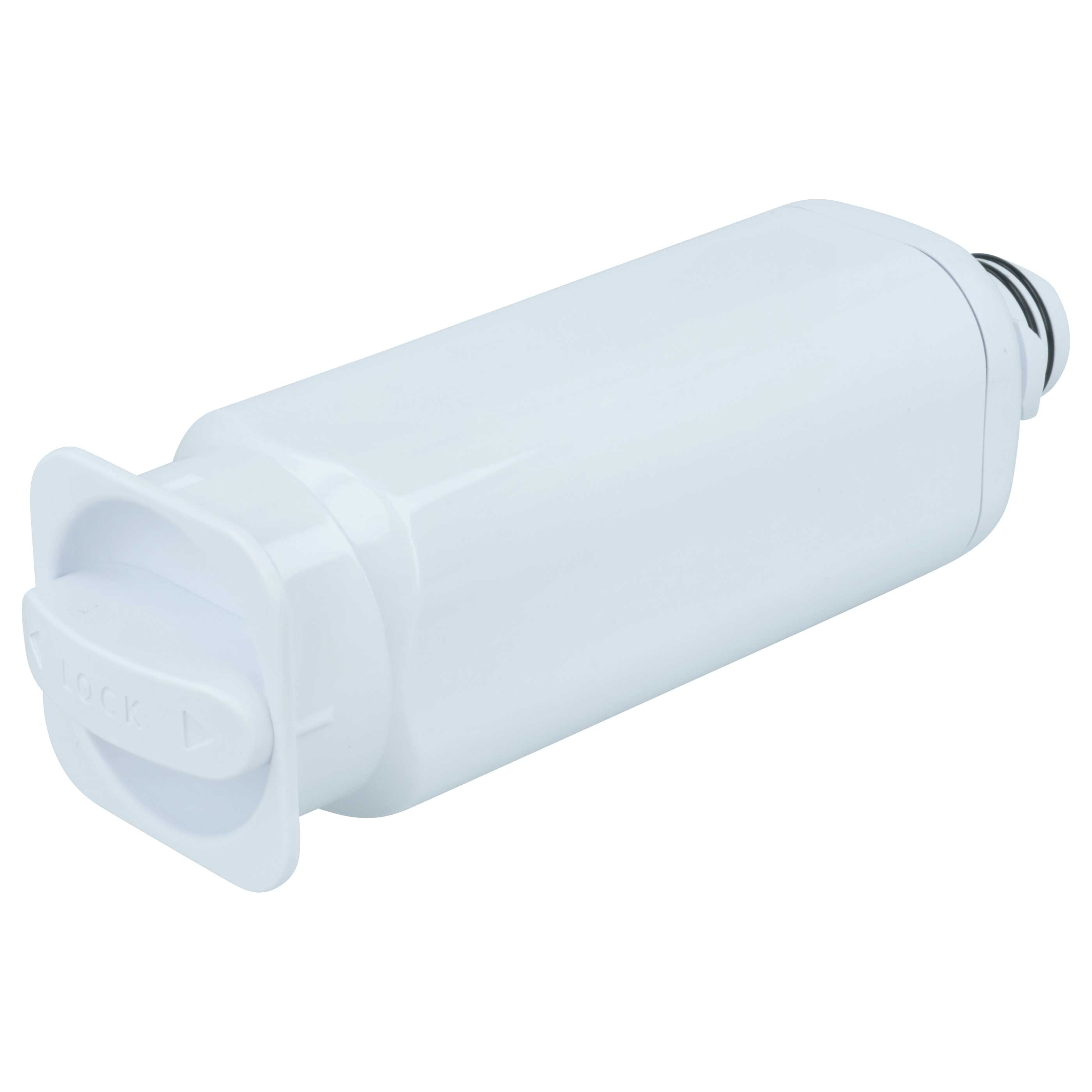 Ein weißer Wasserfilter mit einem blauen Griff und schwarzem Ring.