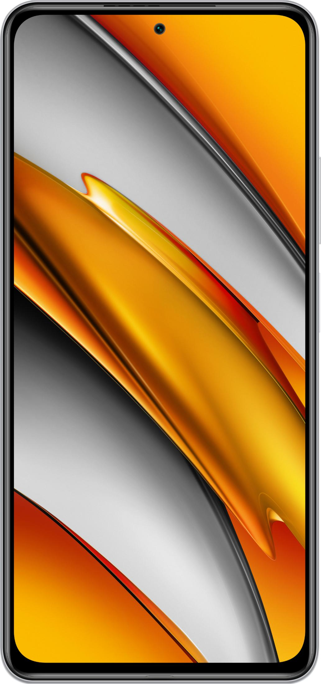 Ein Smartphone mit einem dynamischen, goldenen und grauen Hintergrundmuster.