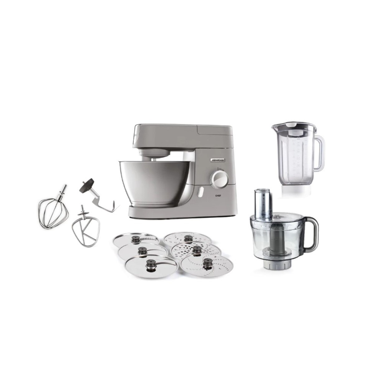 Grauer Kenwood Küchenmaschinen-Set mit Schüssel, Schneebesen, Haken und Zerkleinerern.