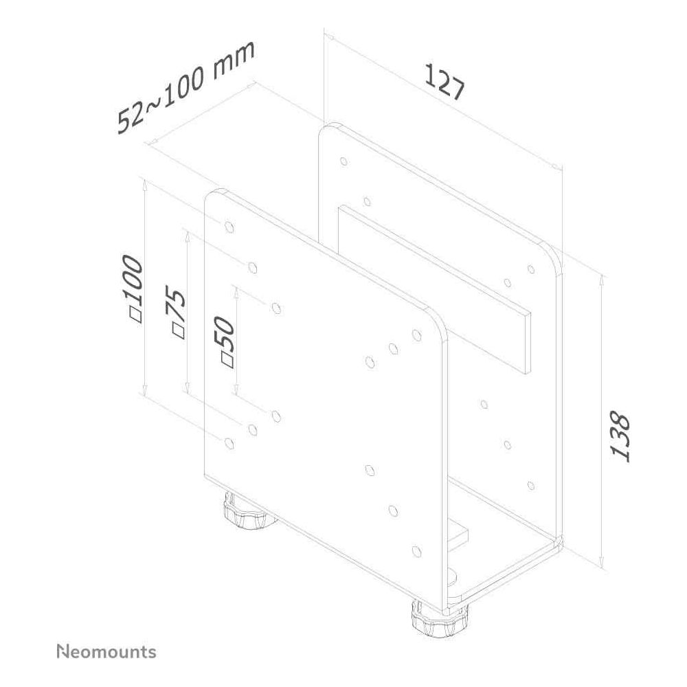 Disegno tecnico di una staffa con dimensioni. Logo Neomounts.