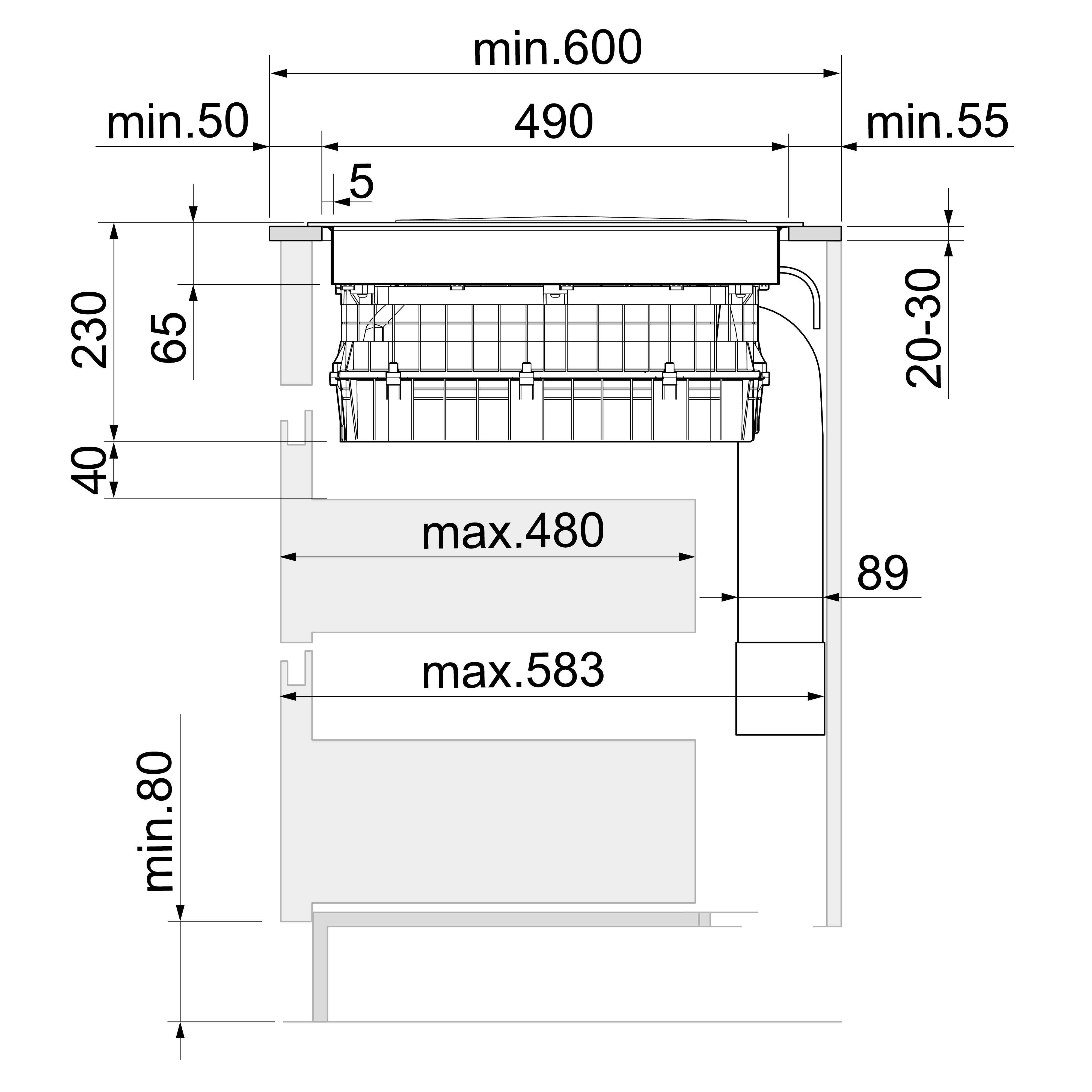 Technical drawing with dimensions for built-in kitchen appliances, e.g. stove.