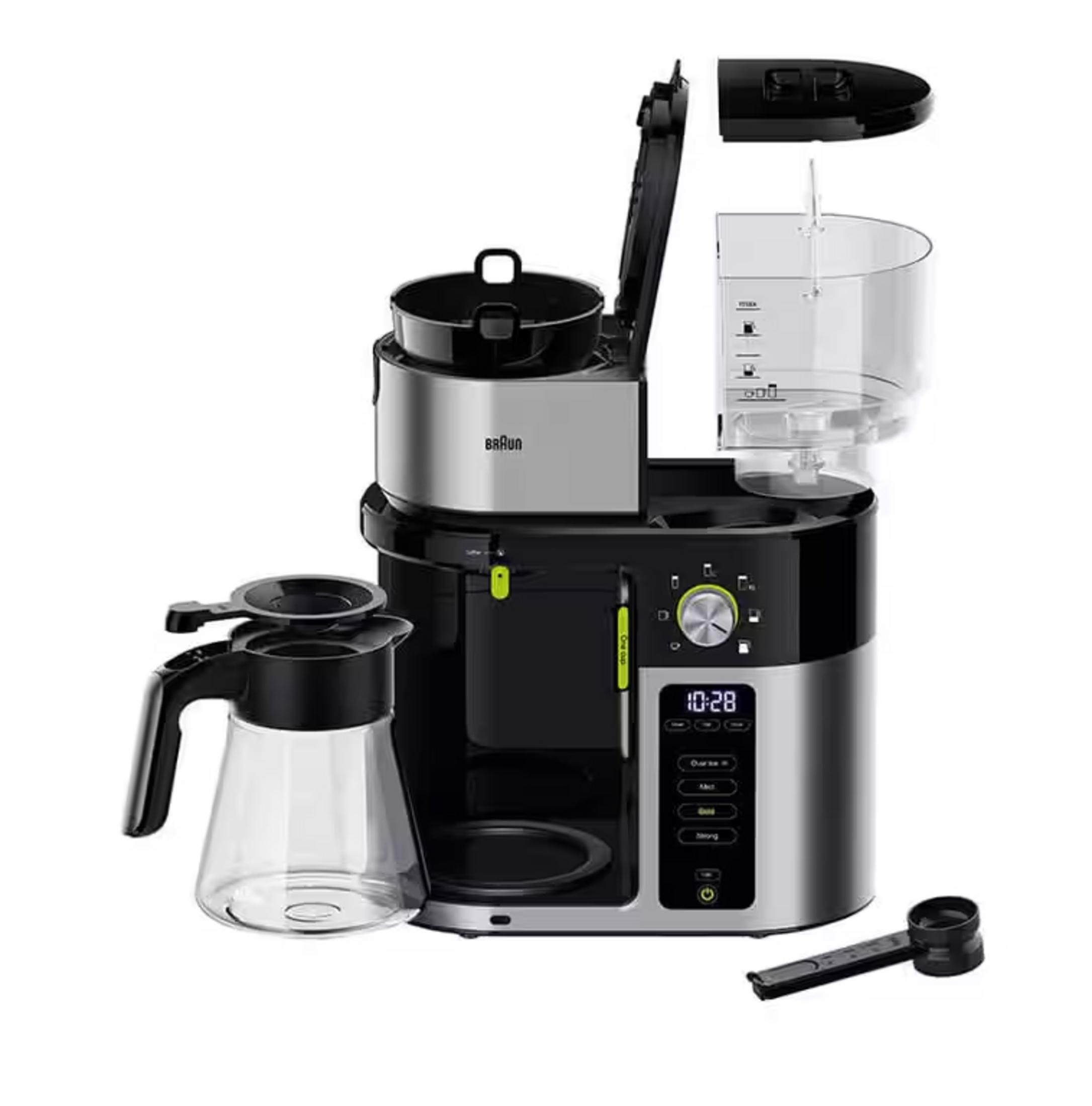 Eine moderne Kaffeemaschine mit Glaskaraffe, abnehmbarem Wassertank und Löffel.