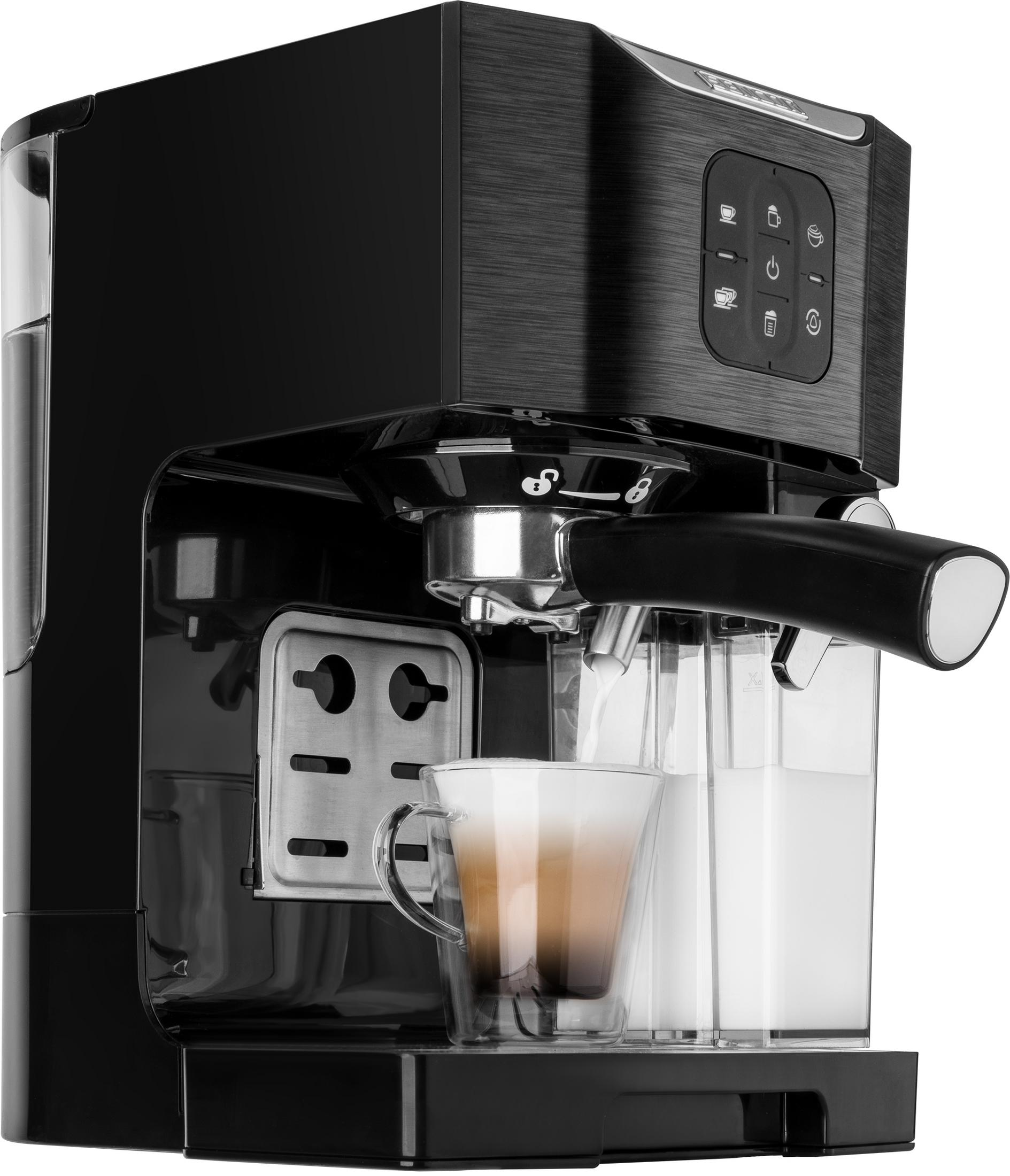 Schwarze Espressomaschine brüht Kaffee in eine Glastasse, daneben Milchkännchen.