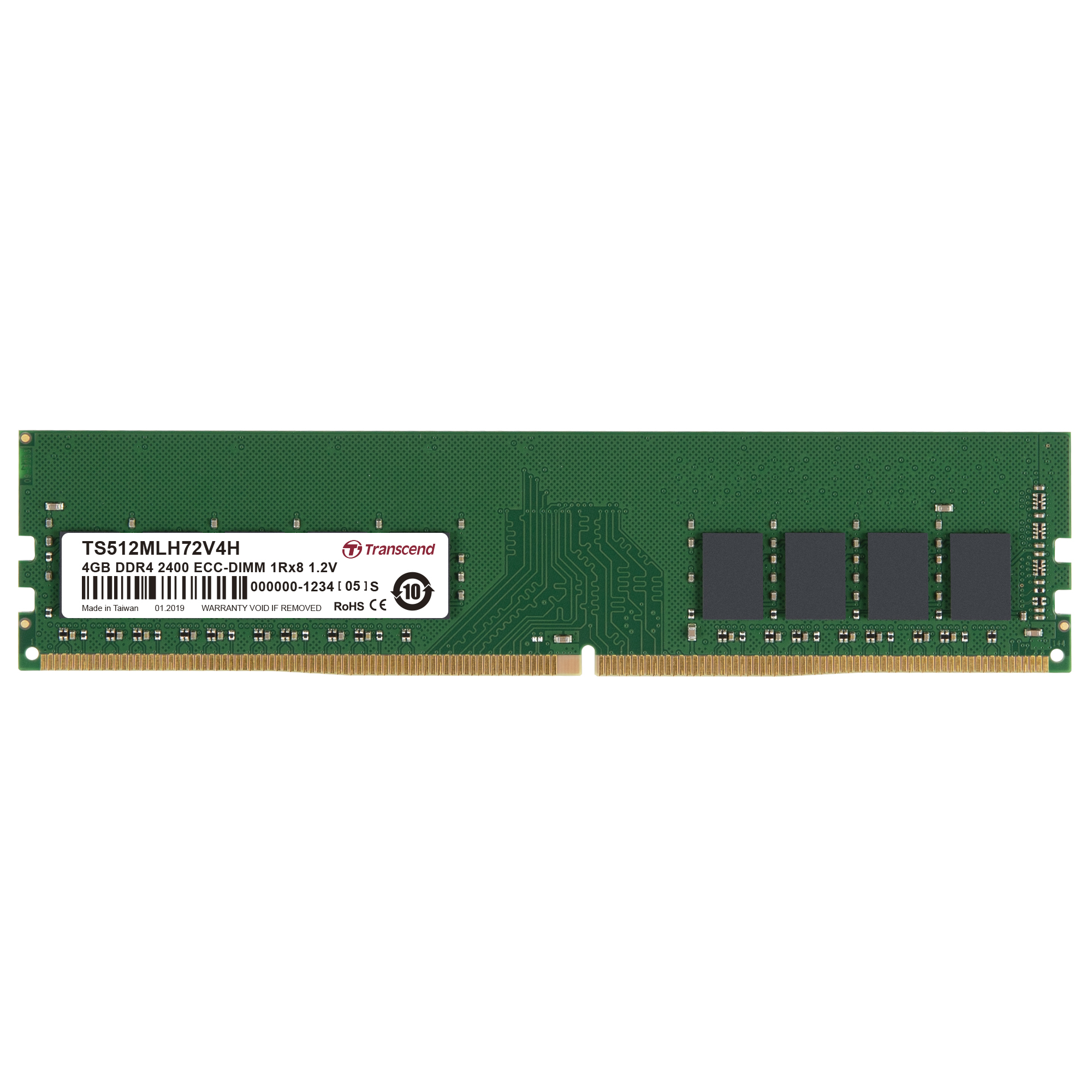 Zielony moduł RAM z oznaczeniem TS512MLH72V4H, 4GB DDR4, 2400MHz.