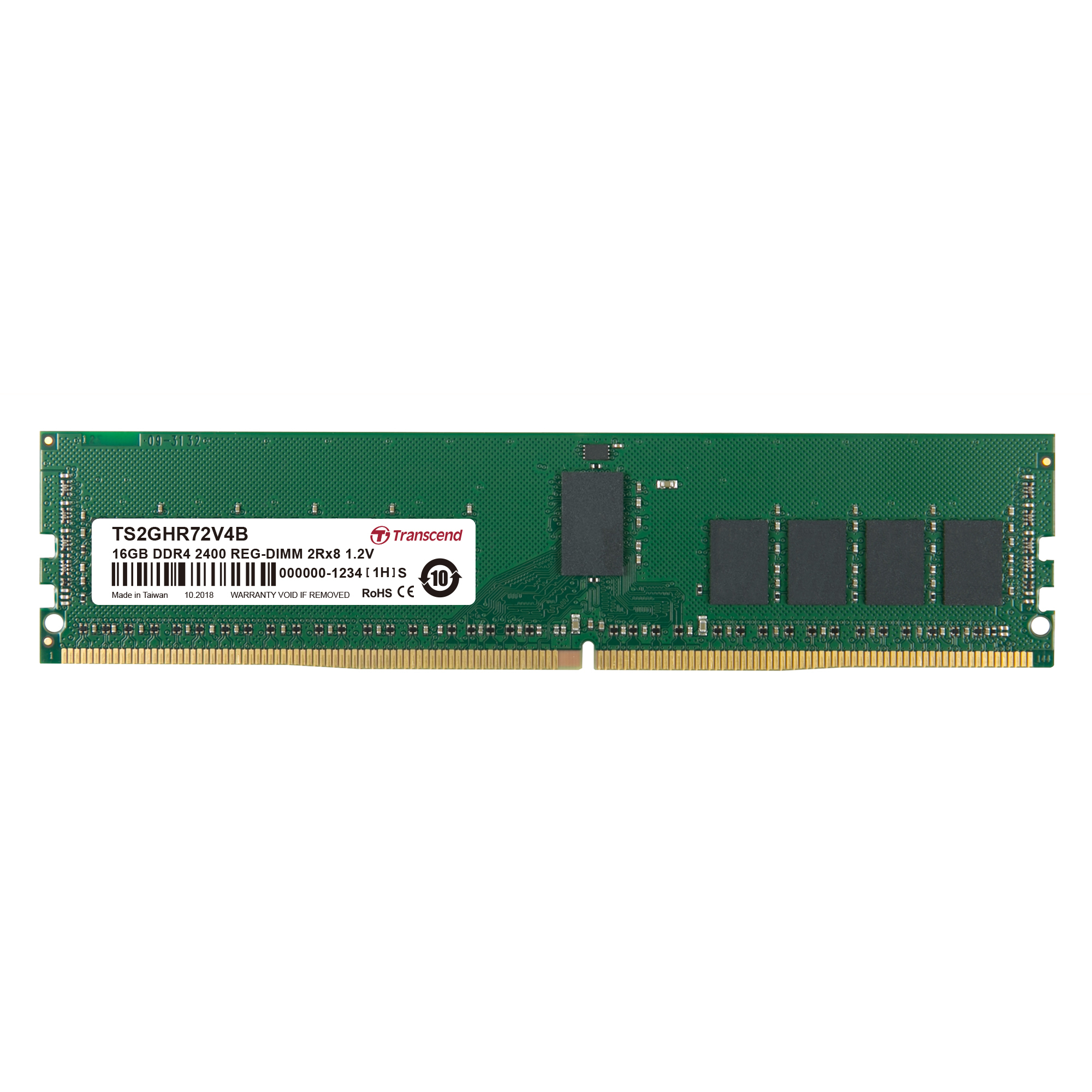 Modulo RAM verde con contatti argentati e adesivo delle specifiche.
