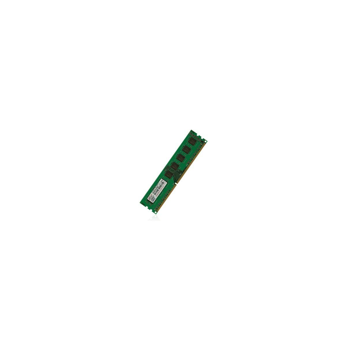 Modulo RAM verde con chip e adesivo, diagonale su sfondo bianco.