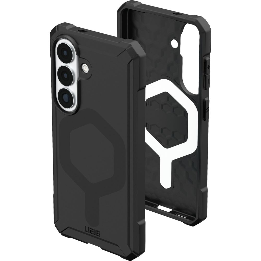 Zwei schwarze Handyhüllen mit dreifachen Kameras und Wabendesign.